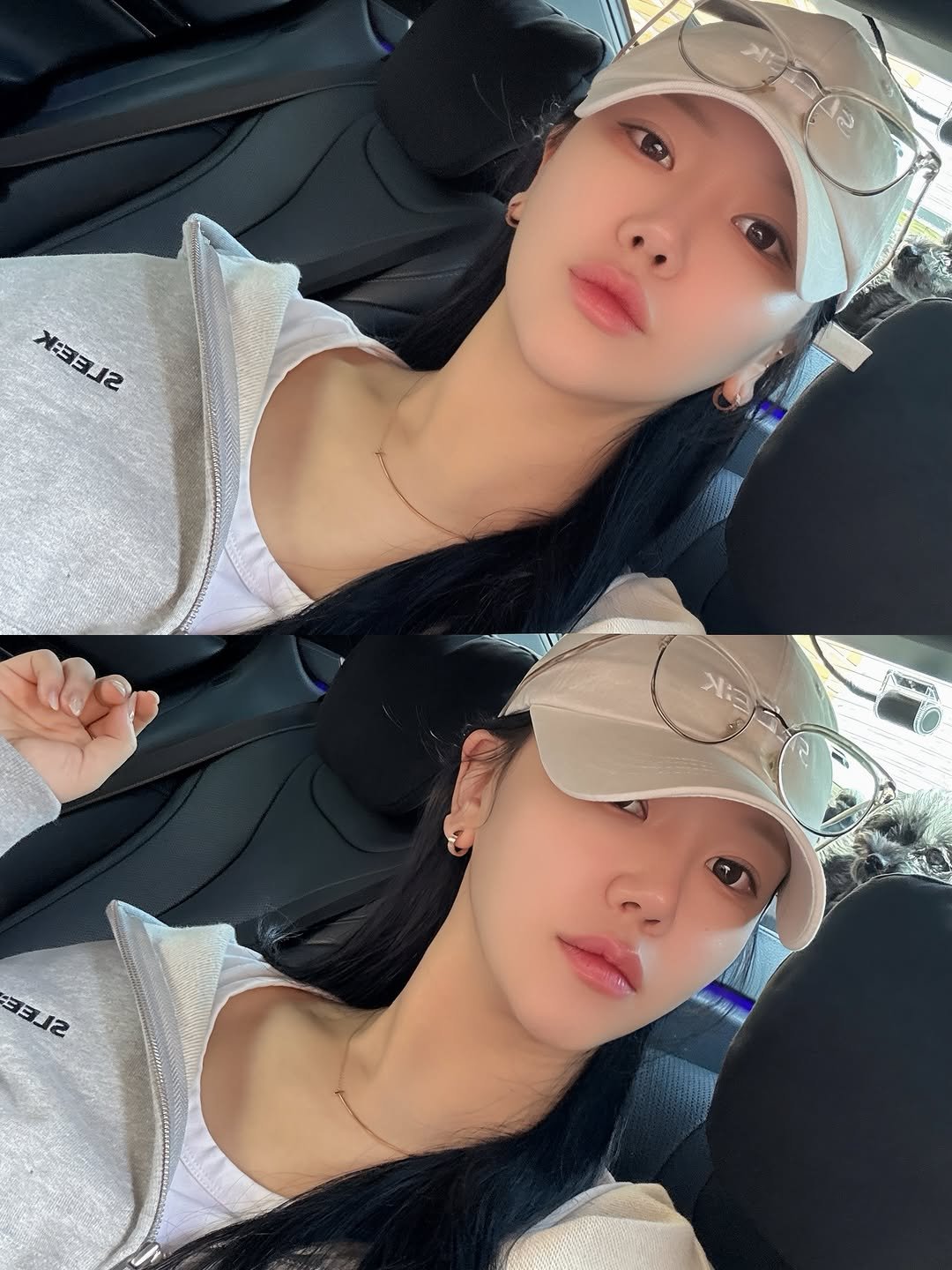 Photo shared by 𝐉𝐢𝐚𝐧🫧 일상  • 헬스 • 뷰티 •짐웨어 on April 12, 2026 tagging @sleekwear.co.kr. May be a selfie of one or more people, hair, hat, top and text.
