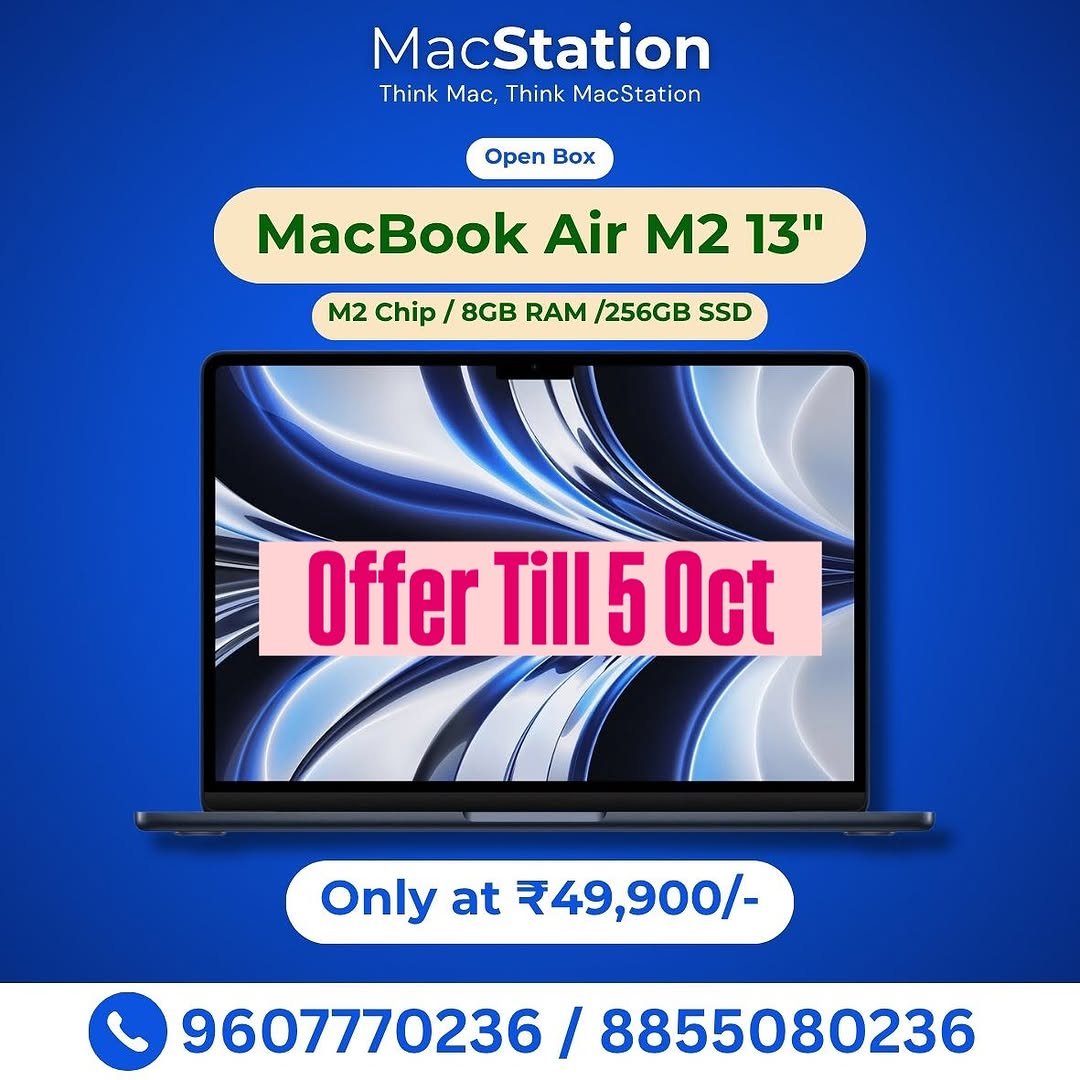 Photo by MacStation™ in Tilak Road,Pune with @macstation.pune. May be an image of tablet, screen and text that says 'MacStation Think Mac, Think MacStation Open Box MacBook Air M2 13" M2 Chip 8GB RAM /256GB SSD Offer fferTill50ct Till 5 Oct Only at ₹49,900/- Onlyat49,900/- 900/- 9607770236 607770236/8855080 / 8855080236'.