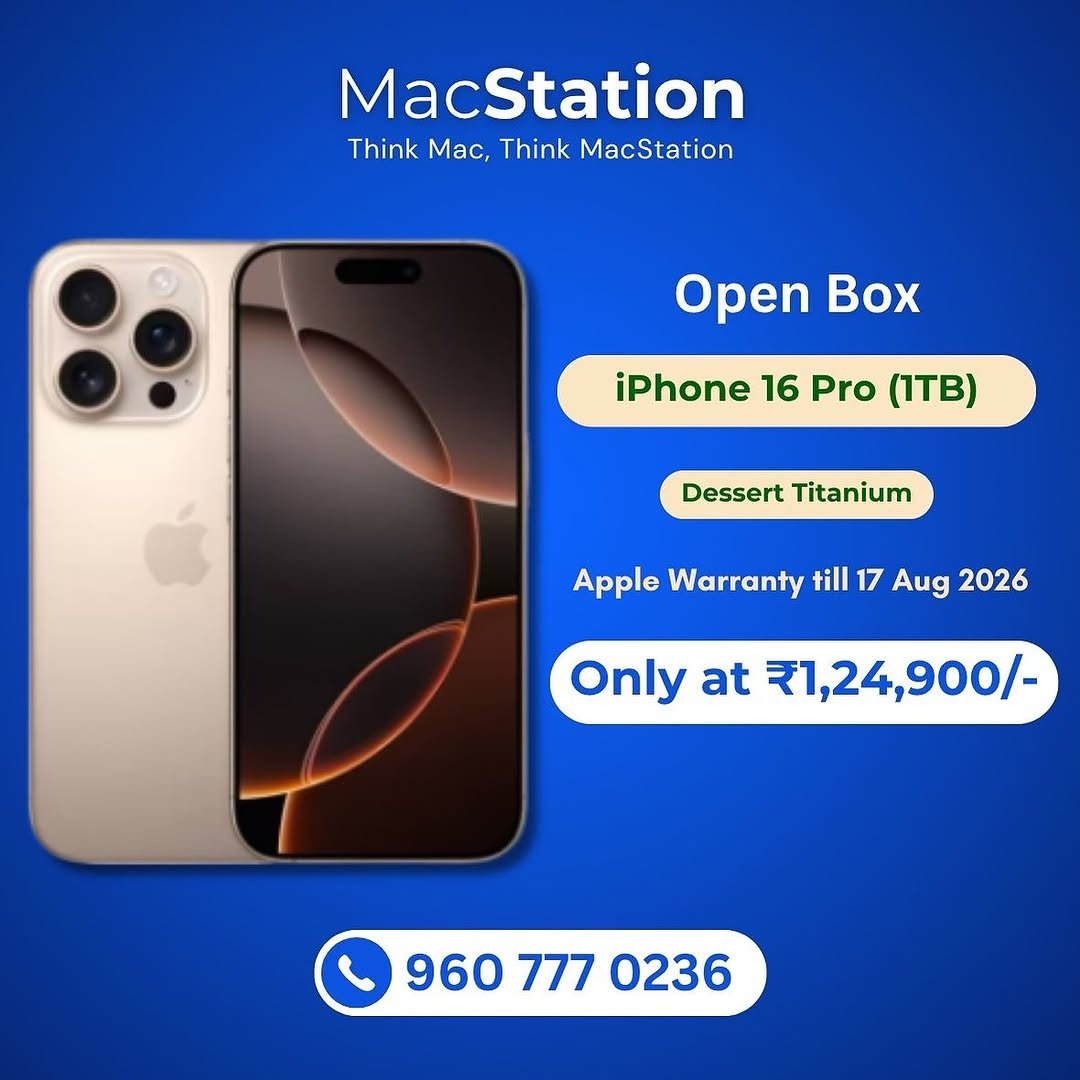 Photo by MacStation™ in Pune, Maharashtra with @macstation.pune. May be an image of screen, phone and text that says 'MacStation Think Mac, Think MacStation Open Open Box iPhone 16 Pro (ITB) Dessert Titanium Apple Warranty till 17 Aug 2026 Only at ₹1,24,900/- ₹1,24, 900/- 9607770236 777 0236 960'.