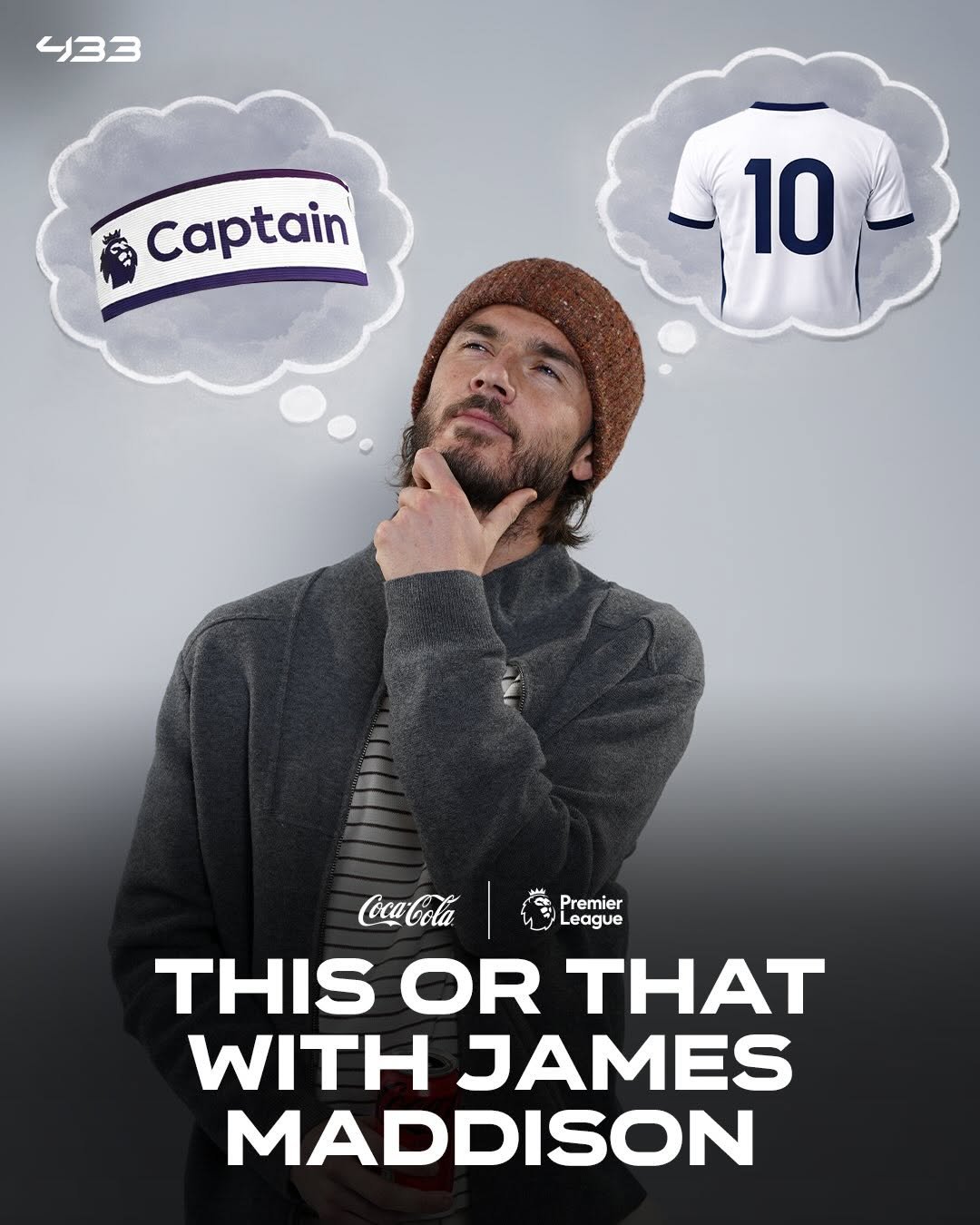 Photo shared by 433 on March 04, 2026 tagging @madders. May be a Twitter screenshot of one or more people, beard, poster, magazine and text that says '433 Captain 10 Premier Le League CocaCola THIS OR THAT WITH JAMES MADDISON'.