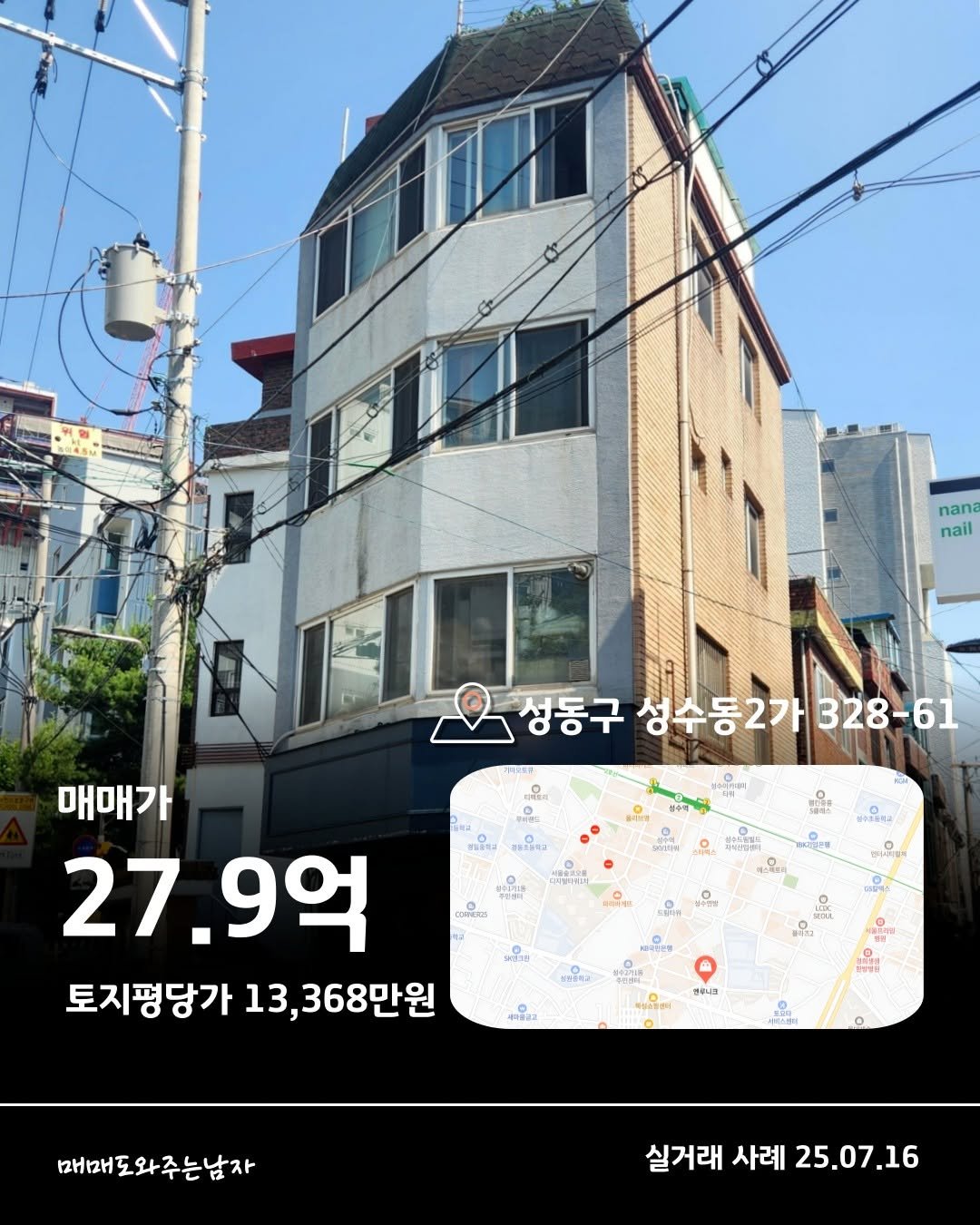 Photo by 빌딩온중개법인/ 윤원재 팀장/ 📚유튜브:매도남TV         [빌딩 디벨롭ㆍ꼬마빌딩 전문] on September 28, 2025. May be an image of map and text that says 'nana nail o O 성동구 성동구성수동2가328-61 328-61 성수동2기 후동세크 청수제0 정동대회피교 中南か産社 智味問 DORFCKIE Tp. 매매가 27 27.9억 토지평당가 13, 368만원 តវតត E 성류니다 6 매매 매매도와주는남자 실거래 실거래사례25.07.16 사례 25.07.16'.