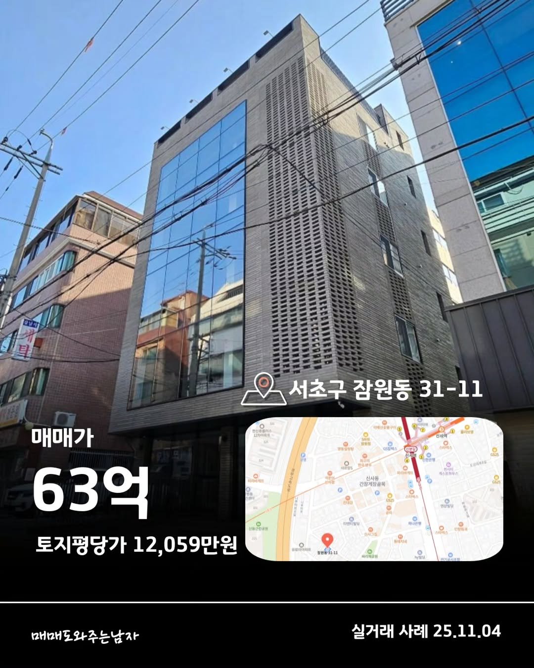 Photo by 빌딩온중개법인/ 윤원재 팀장/ 📚유튜브:매도남TV         [빌딩 디벨롭ㆍ꼬마빌딩 전문] on December 30, 2025. May be an image of map and text that says '서초구 잠원동 31-11 인시용 간질제질골의 매매가 63억 토지평당가 12, ,059만원 an 정만동다니 byas 12H12H 매매도와주는남자 실거래사례25.11.04 실거래 사례 25.11.04'.