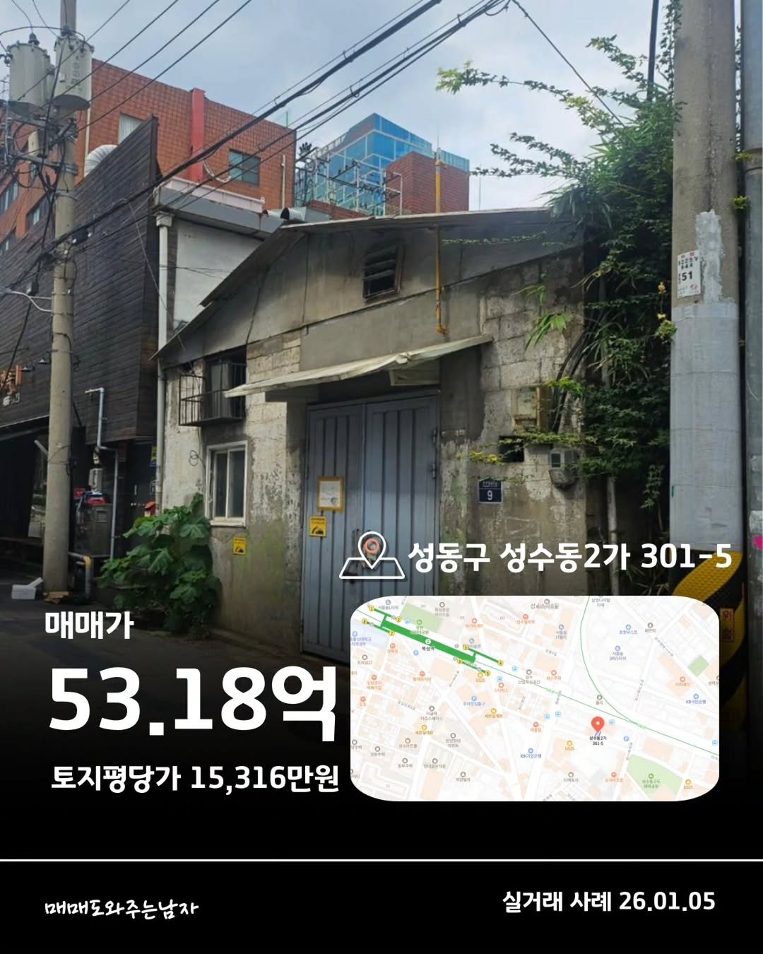 Photo by 빌딩온중개법인/ 윤원재 팀장/ 📚유튜브:매도남TV         [빌딩 디벨롭ㆍ꼬마빌딩 전문] on February 05, 2026. May be an image of ‎map and ‎text that says '‎성동구 성수동2가 301-5 -5 실하연있로 စကေမီးသ 매매가 53.18g 토지평당가 토지평당가15,316만원 15, ,316만원 oTa יאוי ..0 KHKH 매매도와주는남자 실거래 실거래사례26.01.05 사례 26.01.05‎'‎‎.