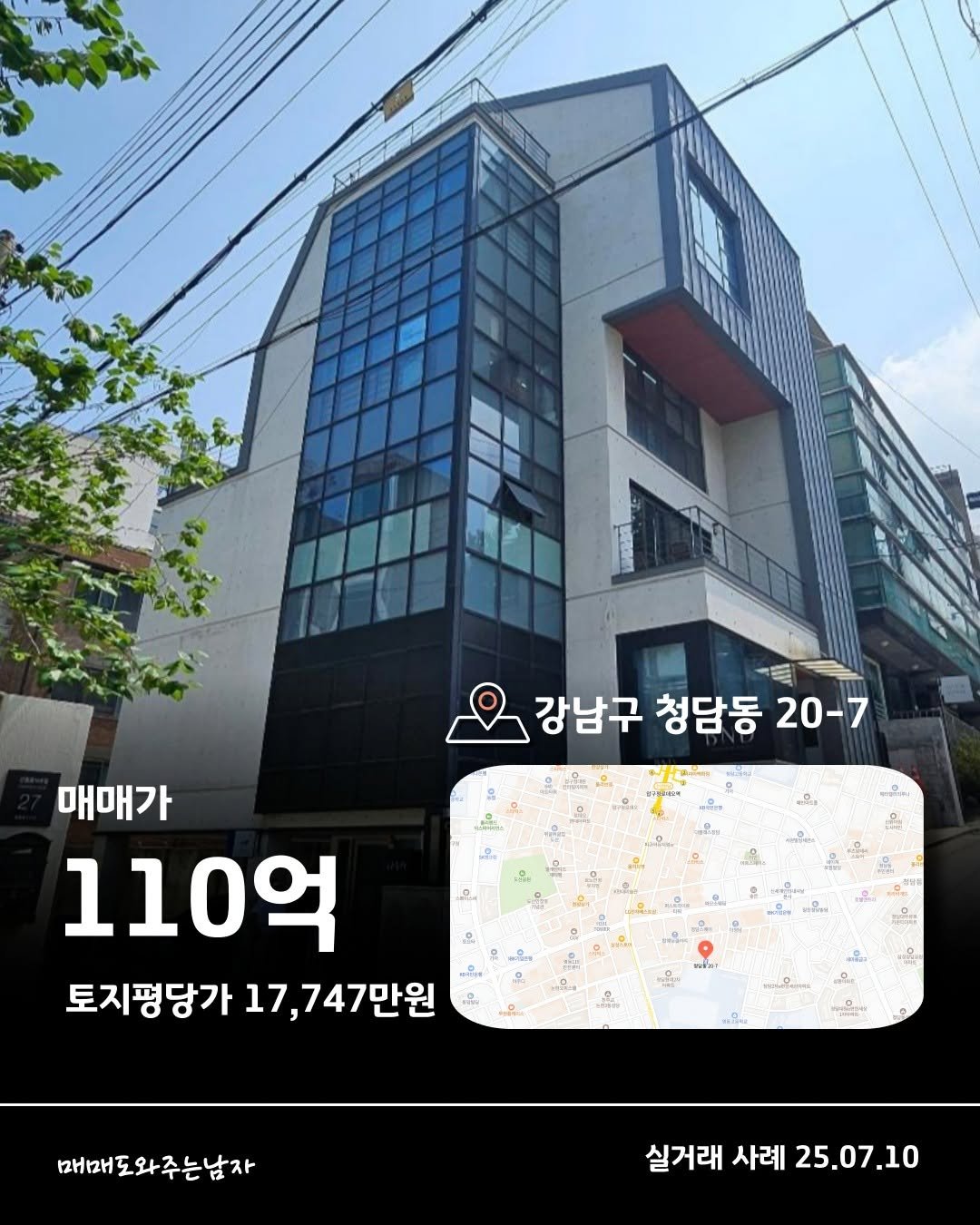 Photo by 빌딩온중개법인/ 윤원재 팀장/ 📚유튜브:매도남TV         [빌딩 디벨롭ㆍ꼬마빌딩 전문] on August 25, 2025. May be an image of text that says '강남구 청담동 20-7 매매가 110억 토지평당가 17,747만원 토지평당가17,747만원 747만원 17, 刀リ者 no3H 매 매매도와주는남자 실거래 실거래사례25.07.10 사례 25.07.10'.