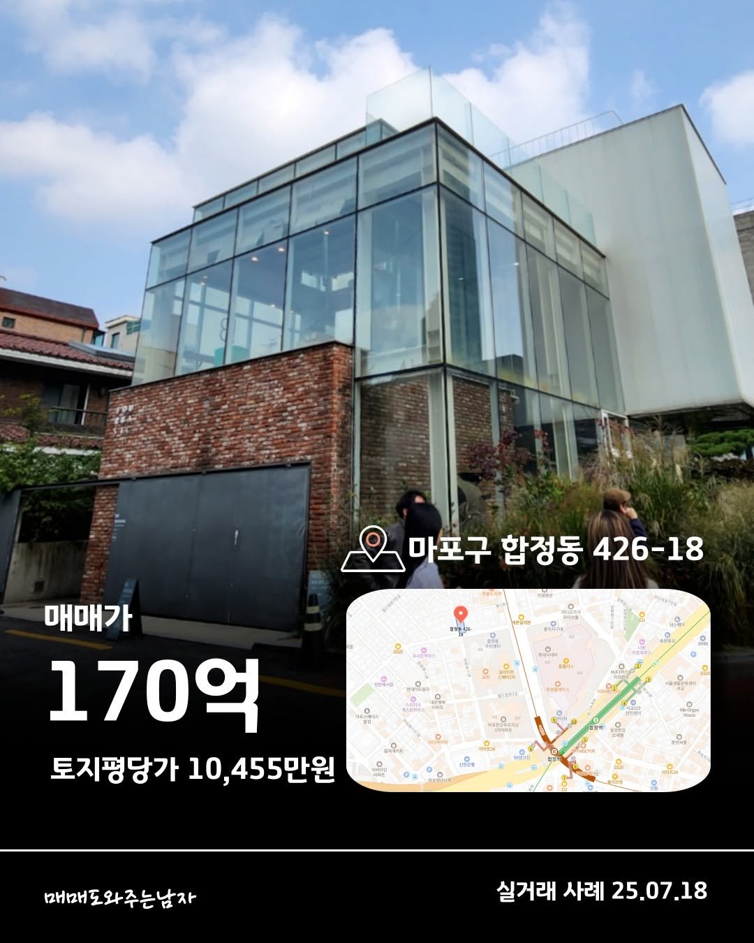 Photo by 빌딩온중개법인/ 윤원재 팀장/ 📚유튜브:매도남TV         [빌딩 디벨롭ㆍ꼬마빌딩 전문] on September 30, 2025. May be an image of 2 people and text that says '마포구 합정동 426-18 អកត្តជាក 매매가 170억 토지평당가 10, 455만원 သပ်ညွှအ 매매도와주는남자 HH 실거래사례25.07.18 실거래 사례 25.07.18'.