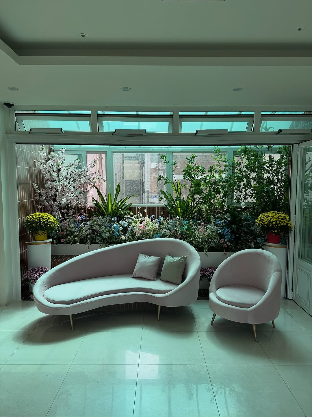 Photo shared by 메종비퍼니처 on September 30, 2025 tagging @maisonbfurniture. May be an image of armchair, sofa, chaise lounge, plant, living room, indoors and text.