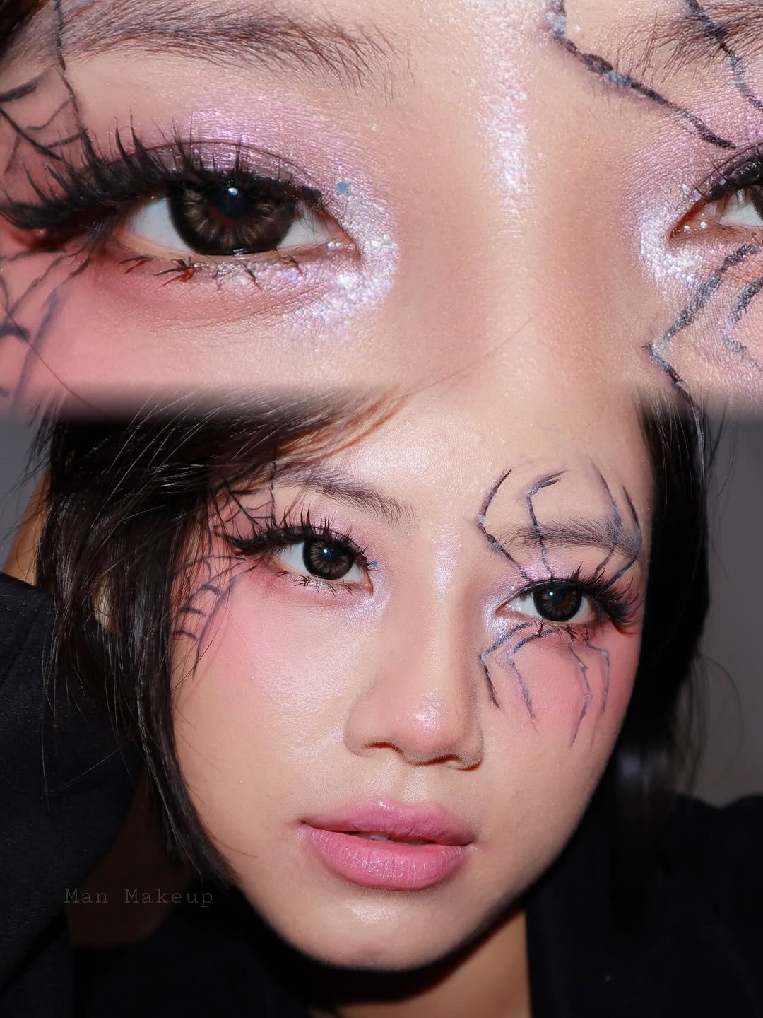 Photo by Man Makeup on October 12, 2025. May be a closeup of one or more people, makeup, eyeliner, spider and text.