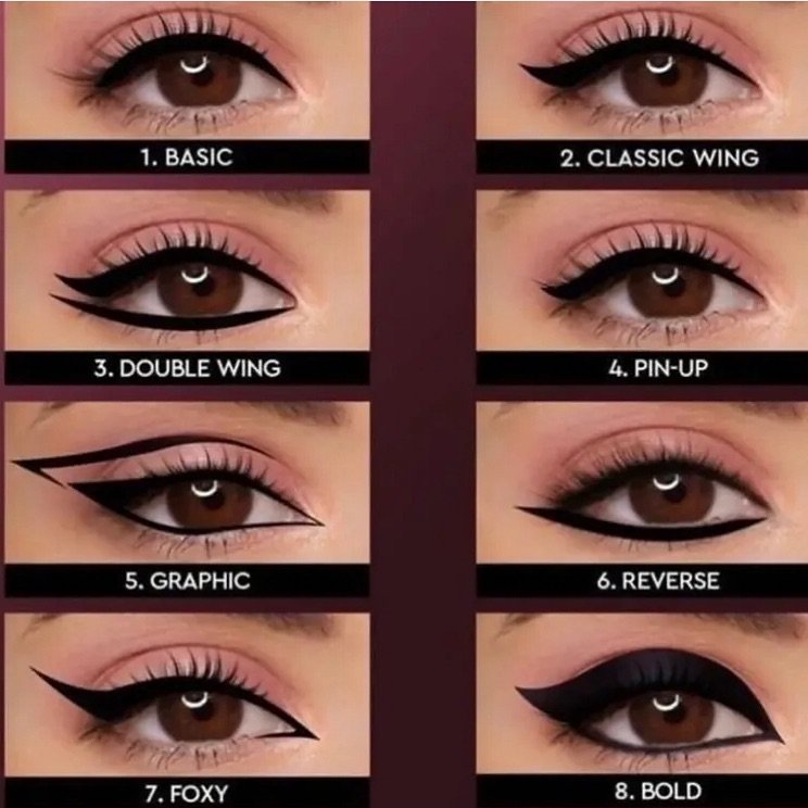 Photo by Makeup on September 18, 2025. May be an image of 8 people, eyeliner, makeup and text that says '1.BASIC 1. 2.CLASSIC 2.CLASSICWING 2. WING 3.DOUBLEWING 3. DOUBLE WING 4. PIN-UP -UP 5. GRAPHIC 6.REVERSE 7.FOXY 8. BOLD'.