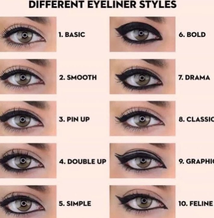 Photo by Makeup on December 13, 2025. May be an image of one or more people, eyeliner, makeup, brush and text that says 'DIFFERENT EYELINER STYLES 1. BASIC EUTO 6. BOLD 2. SMOOTH 7. 7.DRAMA 3. PINUP UP መማግተባለስም 8. CLASSIC DOUBLE UP 9. GRAPHI nopиBoA 5. SIMPLE 10. FELINE'.