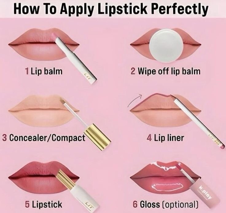 Photo by Makeup on October 31, 2025. May be an image of ‎one or more people, makeup, lipstick, cosmetics and ‎text that says '‎How To Apply Lipstick Perfectly 1Lipbalm Lip Lip balm 1 ۲ن 2 Wipe off lip balm 3 Concealer/Compact Concealer/Compact 4Lipliner 4 Lip liner 5 5 Lipstick LIT kploy kiplay 6Gloss(optional] 6 Gloss (optional]‎'‎‎.