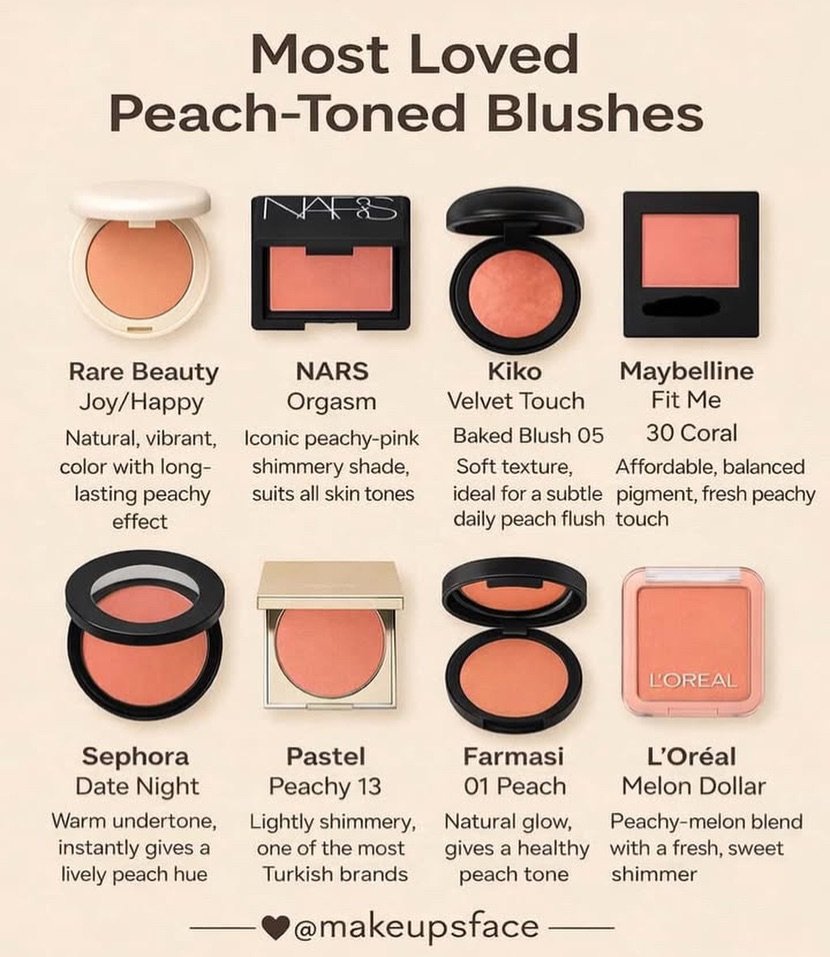 Photo by Makeup on December 16, 2025. May be an image of one or more people, makeup, pallette, cosmetics and text that says 'Most Loved Peach-Toned Peach- Blushes 日る口 Rare Beauty NARS Kiko Maybelline Joy/Happy Orgasm Velvet Touch Fit Me Natural, vibrant, Iconic peachy-pink Baked Blush 05 30 Coral color with long- shimmery shade, Soft texture, Affordable, balanced lasting peachy suits all skin tones ideal for subtle pigment, fresh peachy effect daily peach flush touch L'OREAL Sephora Date Night Warm undertone, instantly gives a lively peach hue Farmasi 01 Peach Pastel Peachy 13 Lightly shimmery, one of the most Turkish brands Natural glow, gives healthy peach tone L'Oréal Melon Dollar Peachy-melon blend with a fresh, sweet shimmer @makeupsface'.