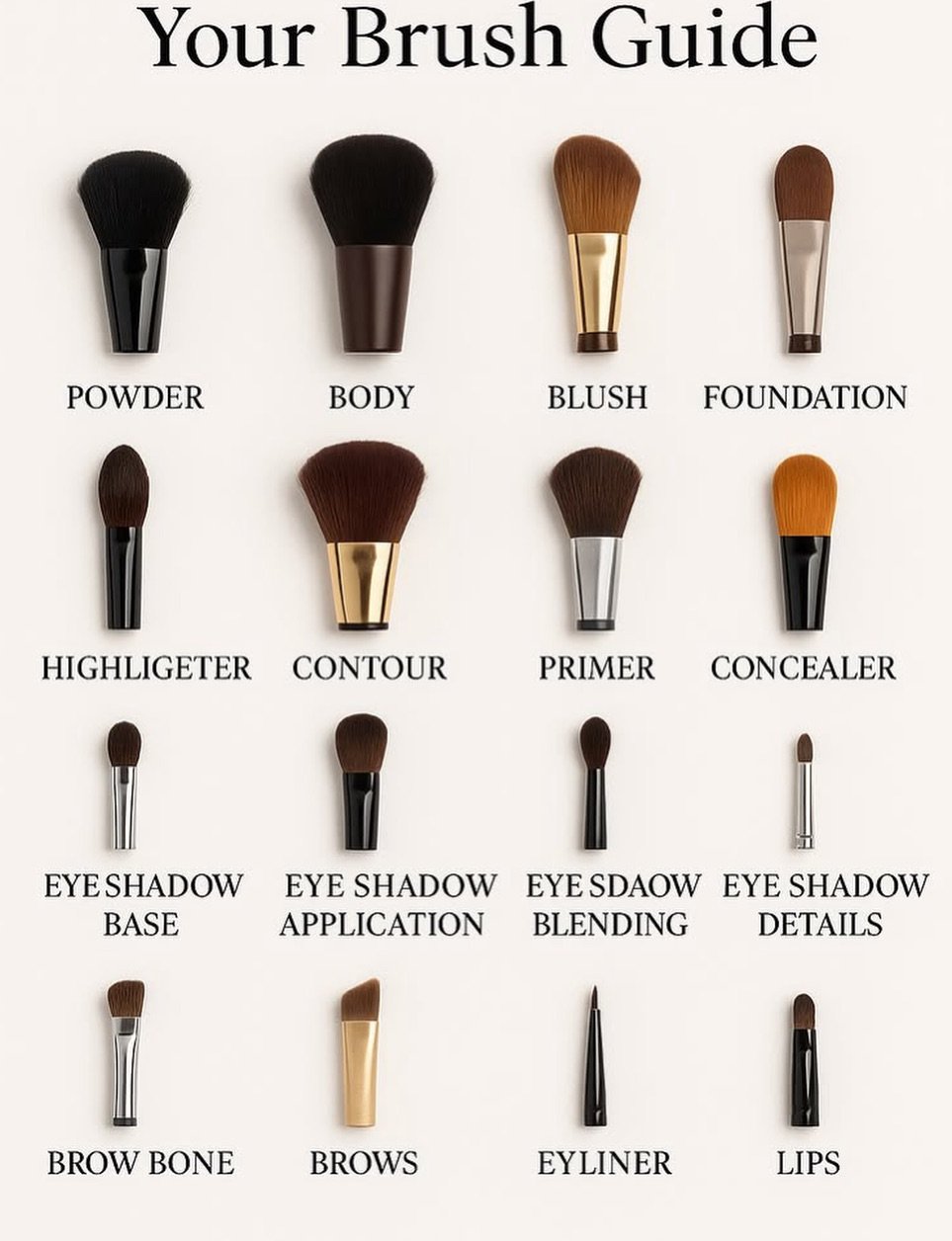 Photo by Makeup on December 15, 2025. May be an image of one or more people, makeup, cosmetics, brush and text that says 'Your Brush Guide POWDER BODY BLUSH FOUNDATION HIGHLIGETER CONTOUR PRIMER CONCEALER EYESHADOW EYE BASE EYE SHADOW APPLICATION EYE YESDAOW BLENDING EYE SHADOW DETAILS BROW BROWBONE BONE BROWS EYLINER LIPS'.