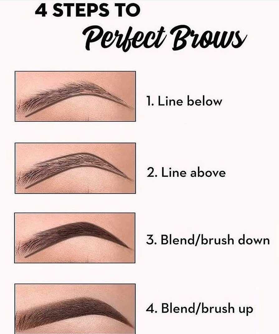 Photo by Makeup on September 15, 2025. May be an image of 4 people, eyeliner, makeup, brush and text that says '4 STEPS TO Perfect Brows 1. Line below 2. Line above 3.Blend/brushdow 3. Blend/ brush down 4. Blend/brush up'.