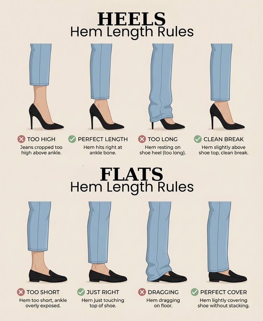 Photo by Makeup on February 17, 2026. May be an image of measuring stick, high-heeled shoes, slingback shoes, toecap shoes, ruler, poster, sandals and text that says 'HEELS Hem Length Rules TOO HIGH Jeans cropped too high above ankle. PERFECT LENGTH Hem hits right at ankle bone. TOO LONG Hem resting on shoe heel (too long). CLEAN BREAK Hem slightly above shoe top, clean break. FLATS Hem Length Rules TOO SHORT Hem too short, ankle overly exposed. JUST RIGHT Hem ust touching top shoe. DRAGGING Hem dragging on floor. PERFECT COVER Hem lightly covering shoe without ewithoutstacking. stacking.'.