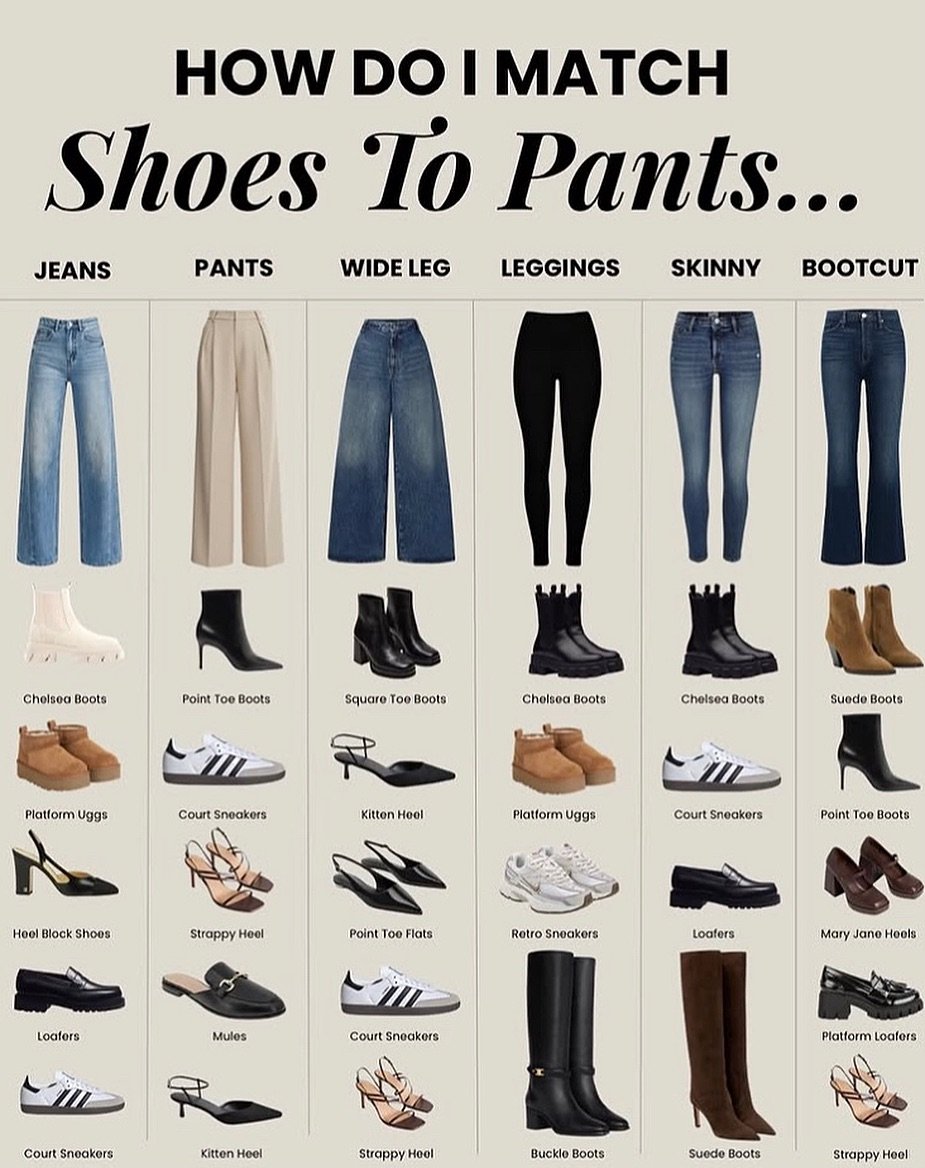 Photo by Makeup on February 15, 2026. May be an image of sandals, boots, toecap shoes and text that says 'HOW DO I MATCH Shoes To Pants... JEANS PANTS WIDELEG LEG LEGGINGS SKINNY C በለበ Chelsea Boots Point oe Boots Square Toe Boots Chelsea ChelseaBoots Boots Platform Uggs Chelsea Boots CourtSneakers Court Suode Boots Kitten Heel Platform ggs Heel teolBlock hoes Court Sneakers Strappy Heel Point oe Boots Point Toe Flats Retro Sneakers Loafers Loafers Mules Mary Jane Hoels Court Sneakers Court Sneakers Kitten Heel Platform Loafers Stroppy Heel Buckle Boots Suede Boots Strappy Heel'.