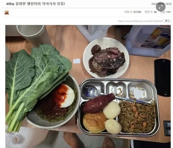 Photo by MAM • Meme And Me on November 30, 2025. May be an image of collard greens, sausage and text that says '40kq 감량한 헬린이의 저녁식사 인증! 2025 조회 18:02 83780 K 추천수46 46 추천 수환 141 https//wwec//343'.