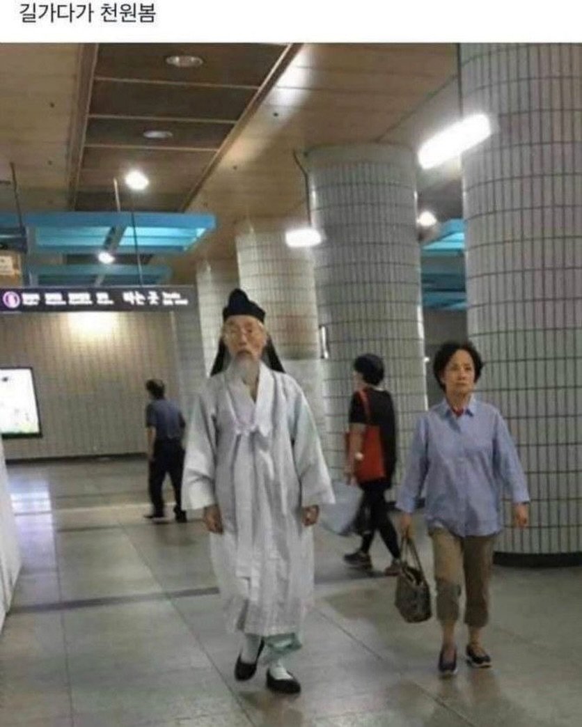 Photo by MAM • Meme And Me on December 02, 2025. May be a meme of one or more people, overcoat, train and text that says '길가다가 천원봄 바는곳는는'.