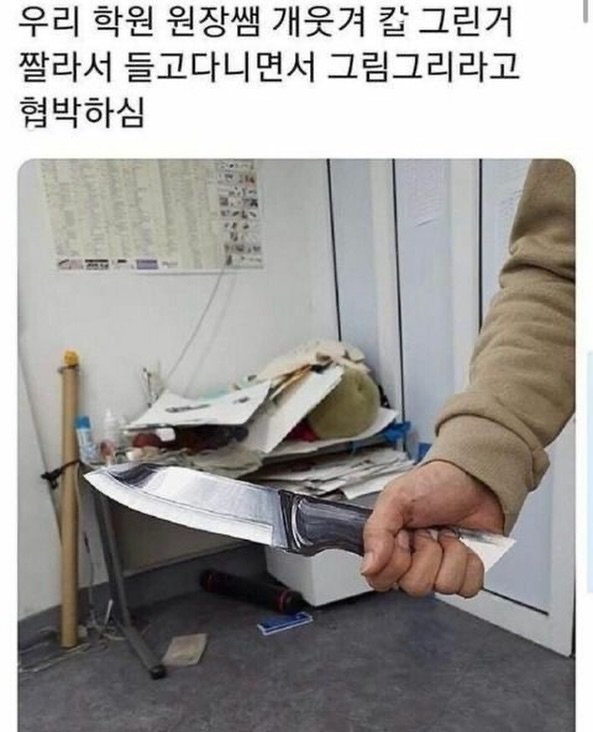 Photo by MAM • Meme And Me on December 01, 2025. May be an image of knife and text that says '우리 학원 원장쌤 개웃겨 칼 그린거 짤라서 들고다니면서 그림그리라고 협박하심'.