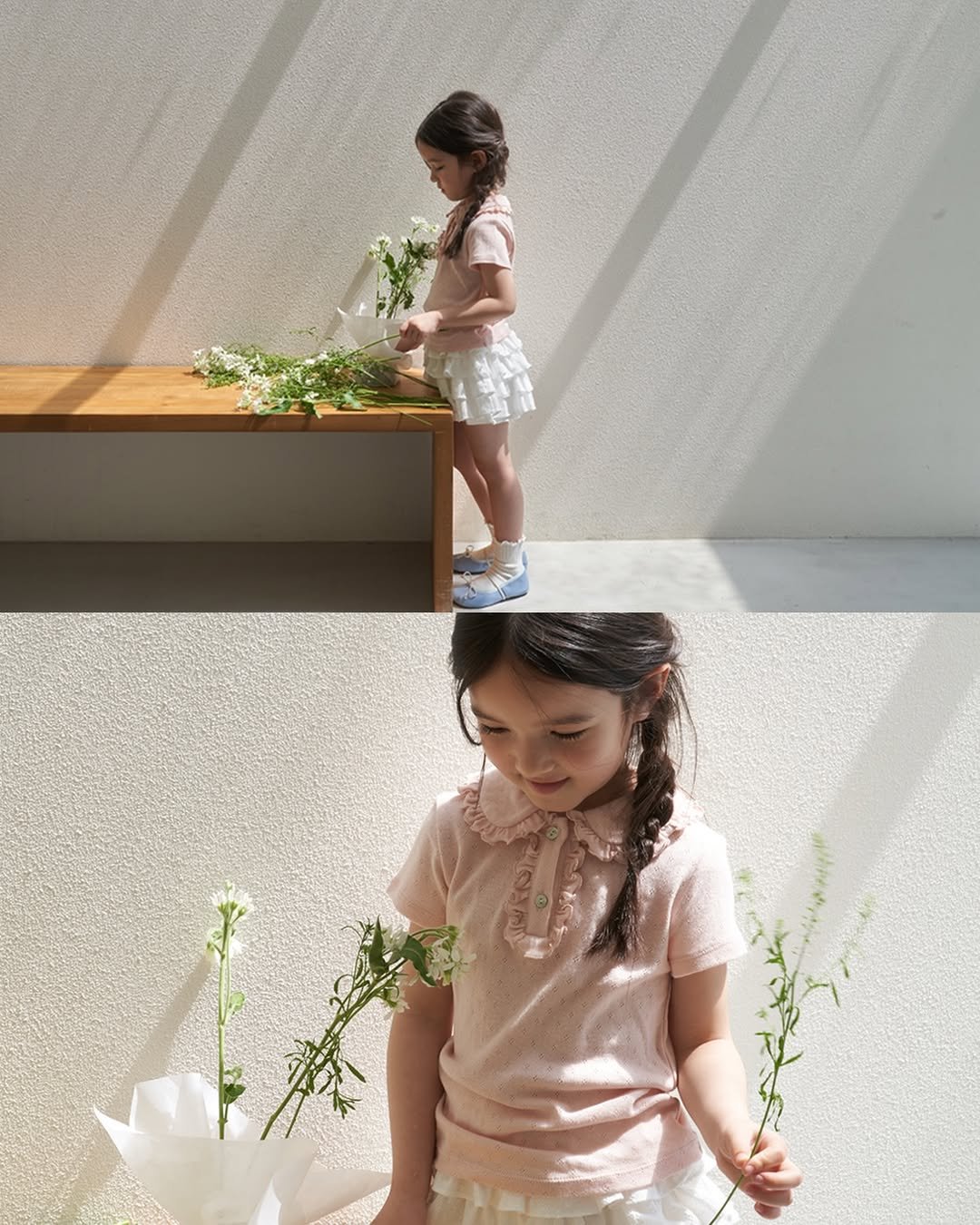 Photo by 마망블랑 mamanblanc on April 25, 2026. May be an image of child, sleepwear, dress, prairie gentian, baby's-breath, ivy and text.