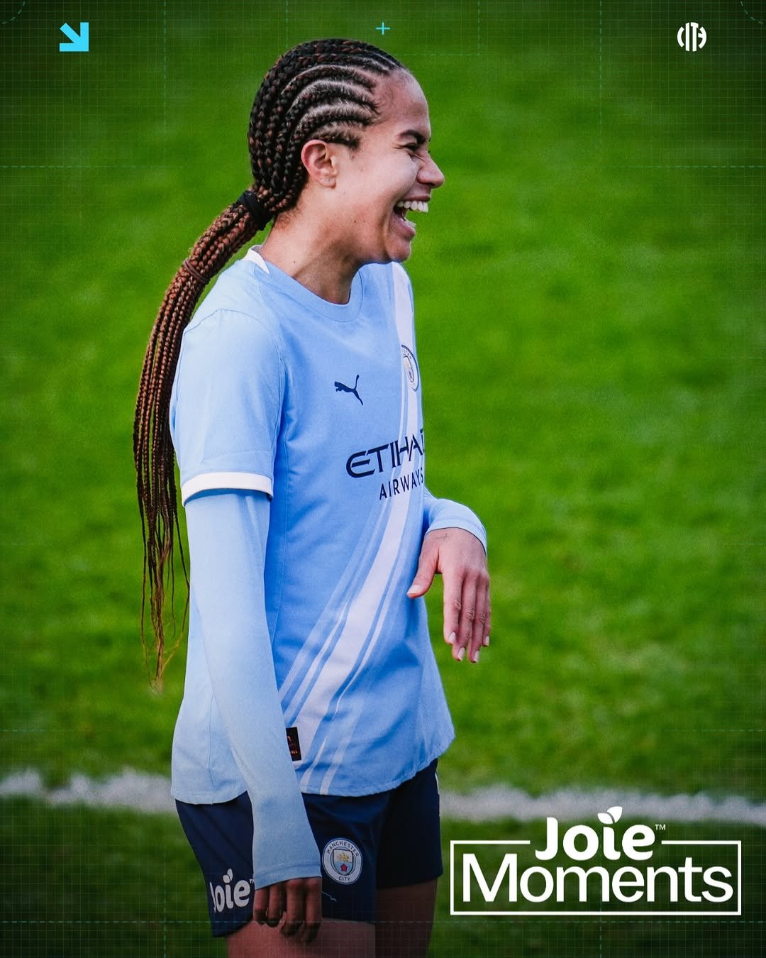 Photo by Manchester City Women in Joie Stadium with @mancity, @joie_global, and @maryfowlerrr. May be an image of one or more people, people playing football, people playing soccer, poster, sports equipment, stadium and text that says 'ETIHA AIRWAY bie Joie Moments'.