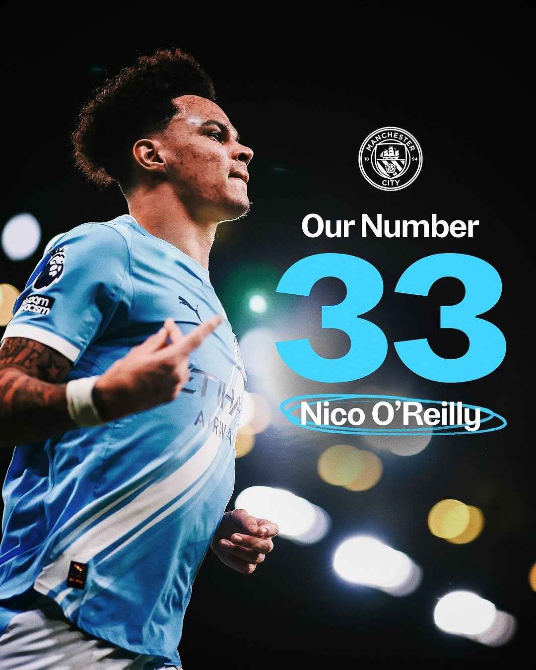Photo shared by Manchester City on February 22, 2026 tagging @nico33. May be an image of football, soccer, stadium and text that says 'RANCHESTE ANCHESTE 24 CITY CI ccsm om う重ご!! Our Number 33 Nico NicoO'Reilly O'Reilly'.
