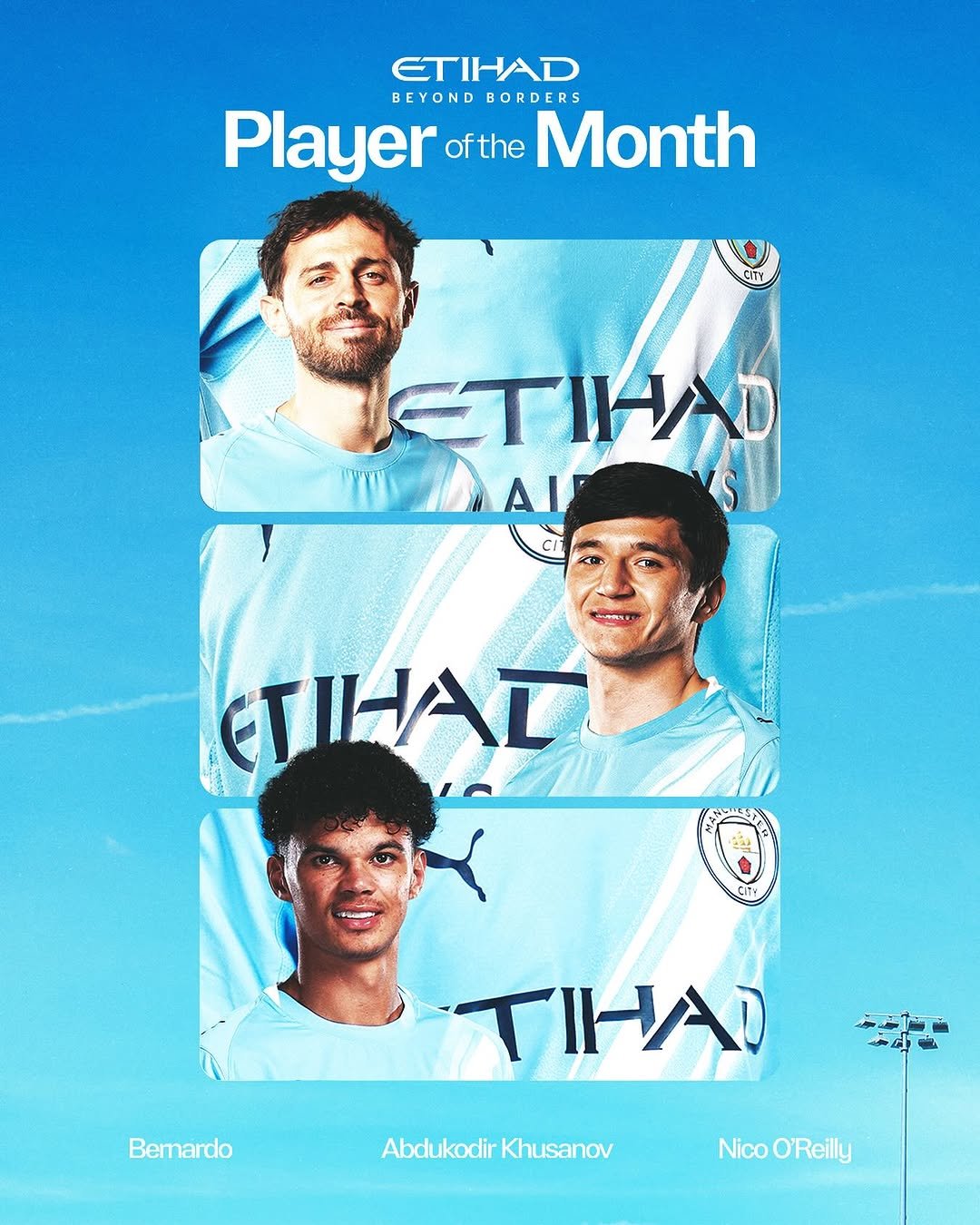 Photo shared by Manchester City on April 27, 2026 tagging @bernardocarvalhosilva, @nico33, and @abdukodir_khusanov_. May be an image of football, soccer, poster, card, stadium and text that says 'ETIHAD BEYOND BORDERS Player ofthe Month CITY ΕΤΗΗΧΟ MAL AL TIHAL CITY Bemardo TIHAD Abdukodir AbdukodirKhusanov Khusanov NicoOReilly Nico O'Reilly'.