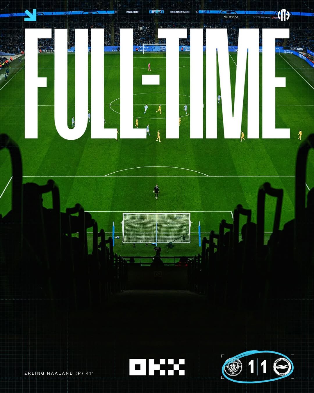 Photo shared by Manchester City on January 07, 2026 tagging @okx_official. May be an image of football, soccer, poster, timer, scoreboard and text that says 'SCERETY DFr 車新新必 FULLTIME Tue THAD သ ERLINGHAALAND(P)41 ERL RLING NG HAALAND(P)41 HAAL AND DHI 11€ 11'.
