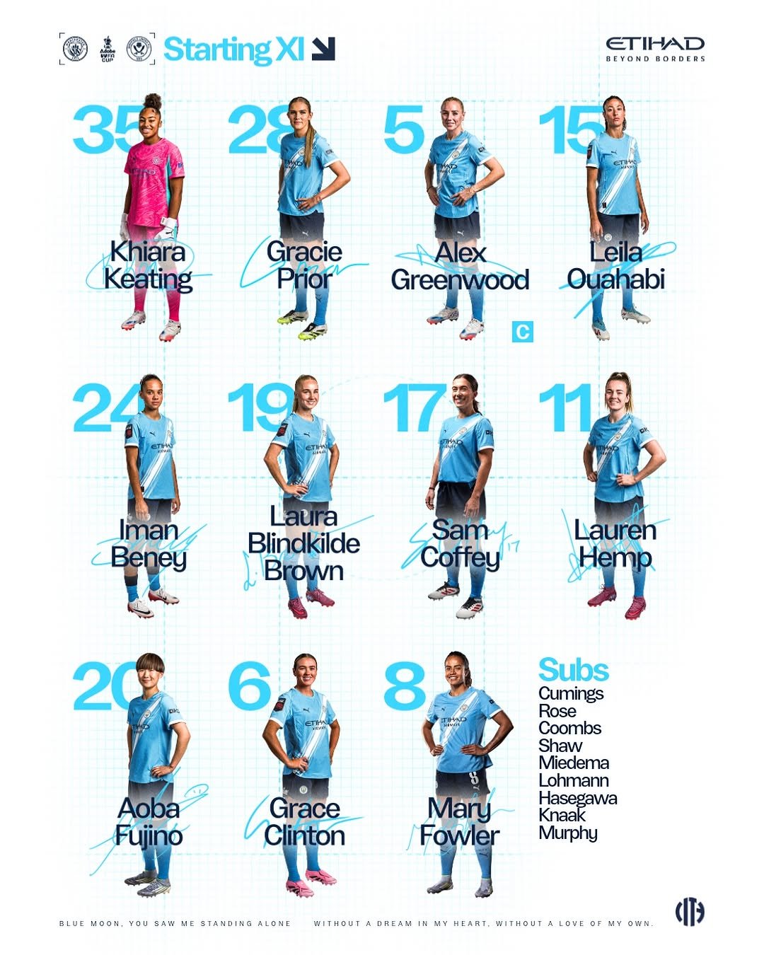 Photo by Manchester City Women in Joie Stadium with @mancity, @etihad, and @adobewomensfacup. May be an image of ‎soccer, football, calendar, sports equipment, poster and ‎text that says '‎Starting> XI لا 35 ETIHAD BEYOND BEYONDADRDERS DRDERS 28 5 15 Khiara Keating Gracie Prior AAlex Greenwood Leila Ouahabi C 24 19 17 11 Iman Beney Laura Blindkilde Brown Samy Coffey Lauren Hemp 20 6 8 Subs Cumings Rose Coombs Aoba Fujinó Grace Clinton Miedema Lohmann Hasegawa Knaak Murphy Mary Fowler BLUE MOON. YOU SAW ME STANDING ALONE WITHOUT DREAM MY HEART, WITHOUT LOVE OWN‎'‎‎.