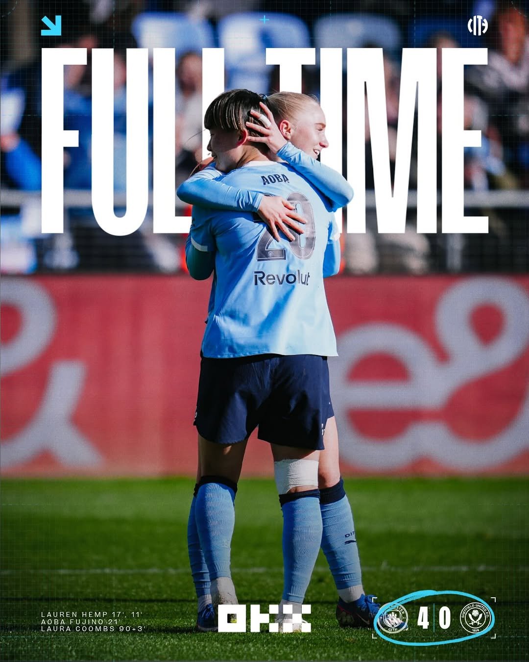 Photo shared by Manchester City Women on February 22, 2026 tagging @mancity. May be an image of football, soccer, stadium and text that says 'FUL TME AOBA Revolut LAUREN HEMP17, LAURENHEMP17.11 HEMP 11' LAURA LAURACOOMBS00-3 COM COOMBSO OHI 40'.