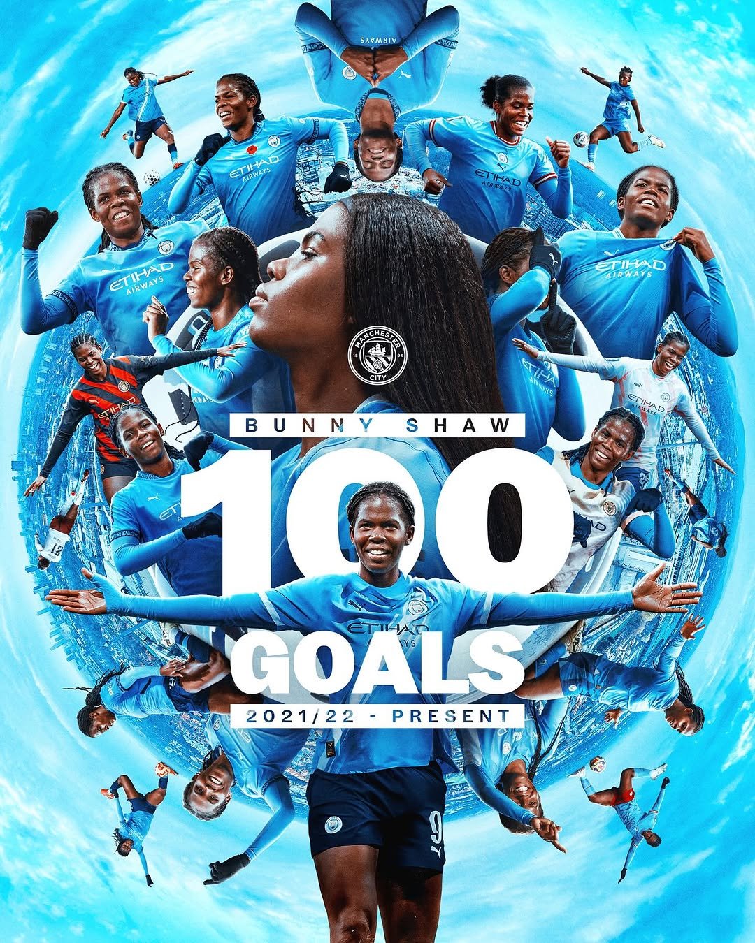 Photo shared by Manchester City Women on December 14, 2025 tagging @mancity, @bunnyshaw, and @jff_football. May be an image of football, soccer, ball, sports equipment, poster, stadium and text that says 'SANMHIN THAD HADD ARWAYS IRWAYS STHIAO ET ETIHAD SIRWAYS T우9A.다 BUNNY BUNNYSHAW B SHAW 100 SGOALSA GOALS 2021/22-PRESENT 2021/22 PRESENT'.