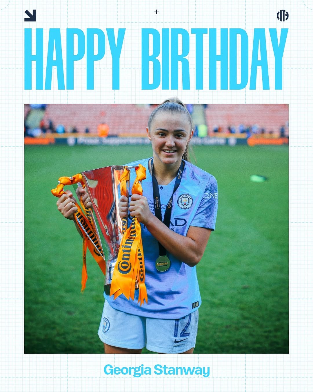 Photo shared by Manchester City Women on January 03, 2026 tagging @stanwaygeorgia. May be an image of football, soccer, stadium and text that says 'HAPPY BIRTHDAY Continena TOntr GeorgiaStanway Georgia Stanway'.