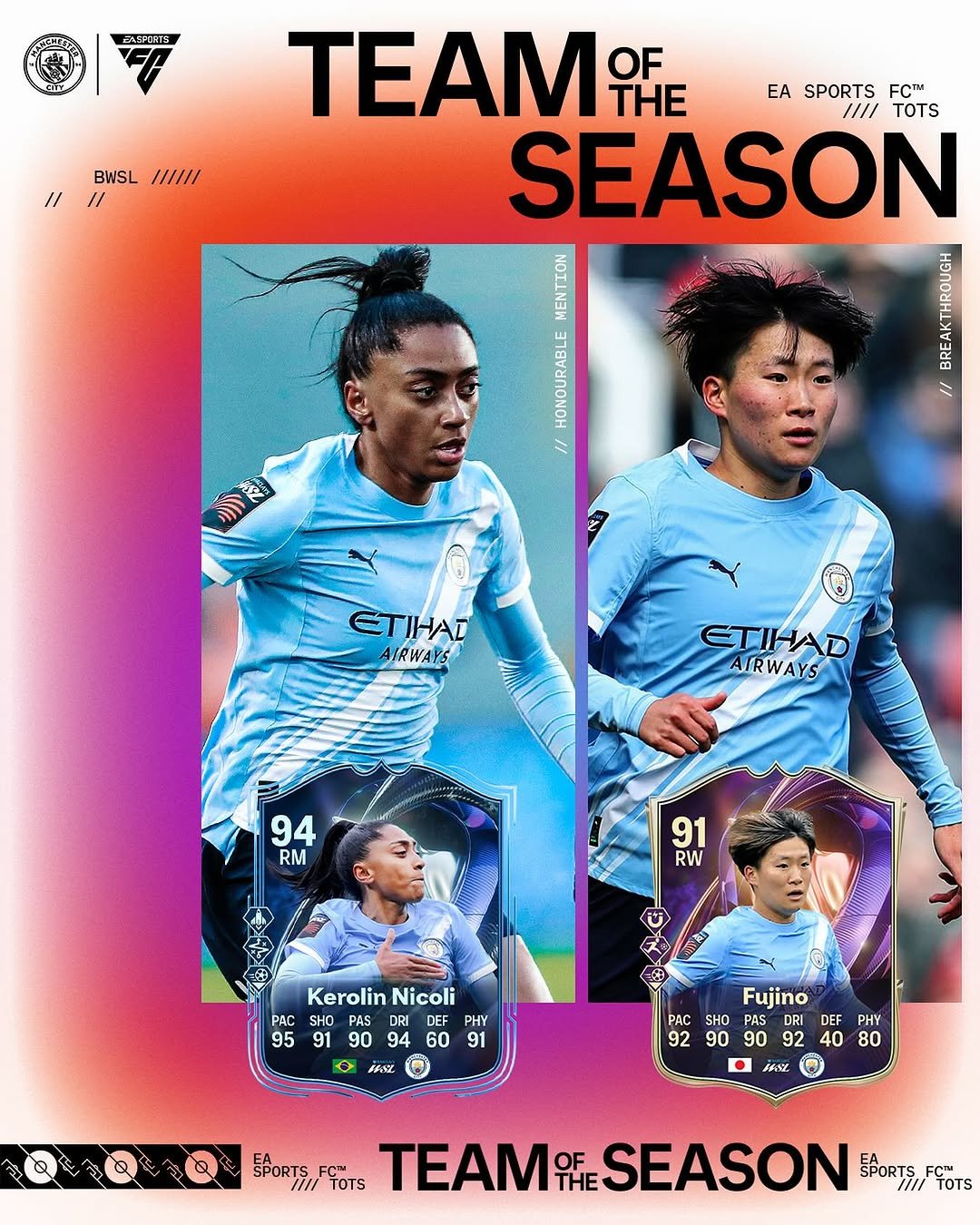 Photo shared by Manchester City Women on April 27, 2026 tagging @aoba_fujino11, and @mancityesports. May be an image of ‎football, soccer, card, poster, sports equipment, stadium and ‎text that says '‎EXPP:RTS BWSL 1///// //// // TEAM OF THE EA SPORTS FCM ///1 SEASON AnnAn 含 0 ر ETIHAD AIRWAYS ETIHAD AIRWAYS AIRW 94 RM 91 RW Kerolin Nicoli PAC SHO PAS DRI DEF PHY 95 91 90 94 60 91 a FANZ PAC 92 Fujino SHO PAS DEF PHY 90 90 40 80 92 JANY SPORTS, SPORTSFFOTS TOTS TEAMESEASON TEAMO OF THE SEASON SPORTS,, SPORTS,,FOTS TOTS‎'‎‎.