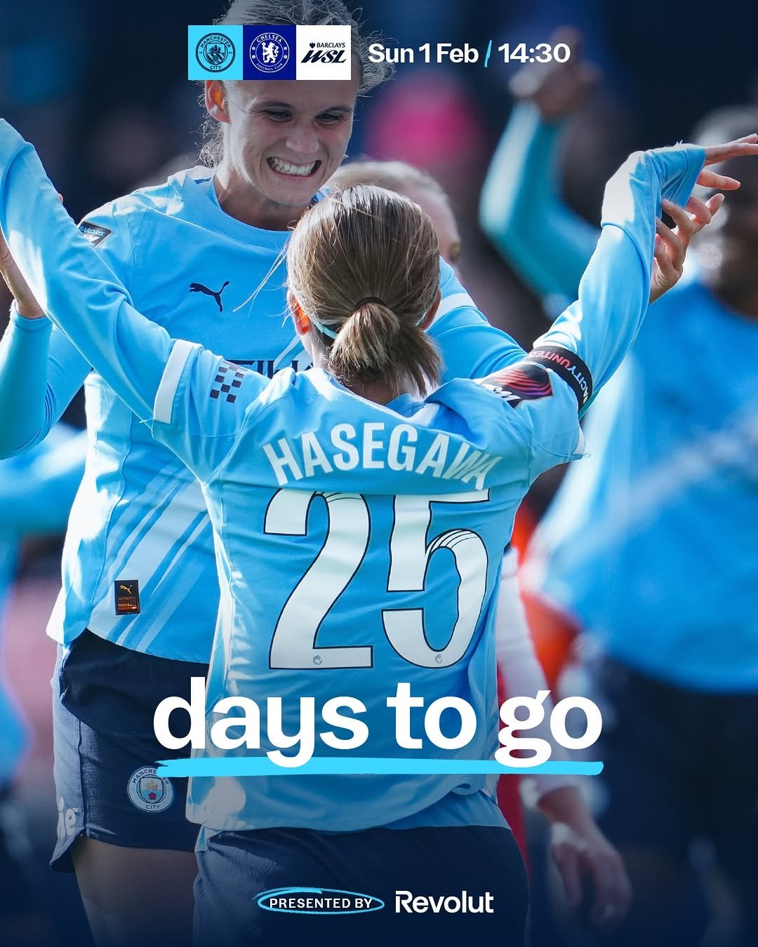 Photo by Manchester City Women in Etihad Stadium with @yui___hasegawa. May be an image of ‎soccer, football, poster, sports equipment and ‎text that says '‎0Sun1Feb/14:30 ស្តី BARCLANYS HSL Sun Sun1Feb/14:30 1Feb 14:30 生 SUIND مدال HASEGAT 25 days daystogo to go Saz PRESENTEDBY PRESENTEDYRevolut BY Revolut‎'‎‎.
