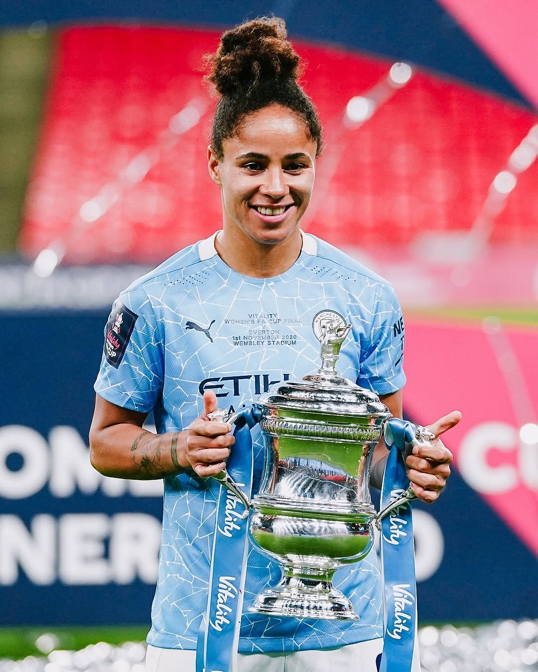Photo shared by Manchester City Women on January 02, 2026 tagging @demistokes. May be an image of ‎soccer, football, stadium and ‎text that says '‎WOMEN CuP FINAL WENECET WENDLEYSTADIO STADIUM STJ ت Aality ሠሣ NER A Vitality ど Vitality‎'‎‎.