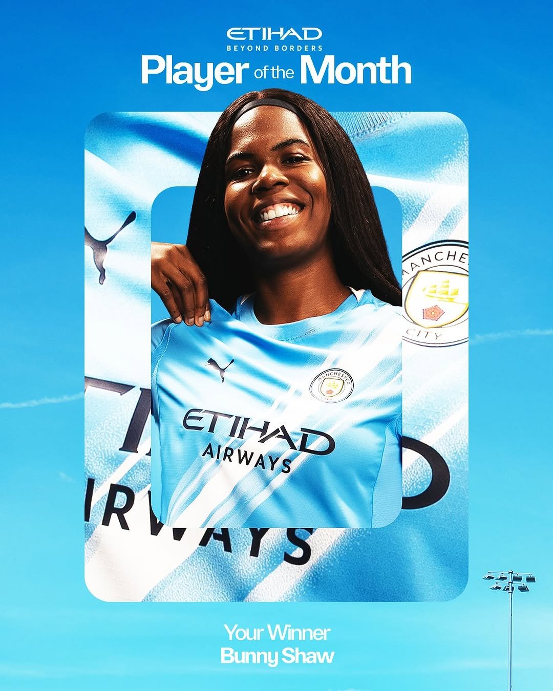 Photo shared by Manchester City Women on January 05, 2026 tagging @mancity, and @bunnyshaw. May be an image of football, soccer, card, poster, magazine, sports equipment, ball, stadium and text that says 'ETIHAD BEYOND BORDERS Player PlayerortheMonth ofthe Month ANCHE ANCH ETIHAD AIRWAYS IRWAYS AYS 2 Your ourWinner Bunny BunnyShaw Shaw'.