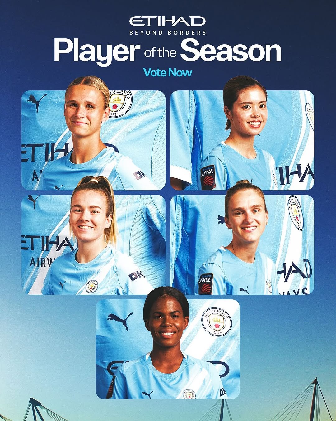 Photo shared by Manchester City Women on April 27, 2026 tagging @mancity, and @etihad. May be an image of football, soccer, card, poster, sports equipment, magazine, stadium and text that says 'ETIHAD BEYOND BEYONDBORDERS BORDERS Player ofthe Season Vote VoteNow Now ΕΤιΗ FSL ΞΤΙHA AIRW HSL -A 위한드키드화T방 C'.