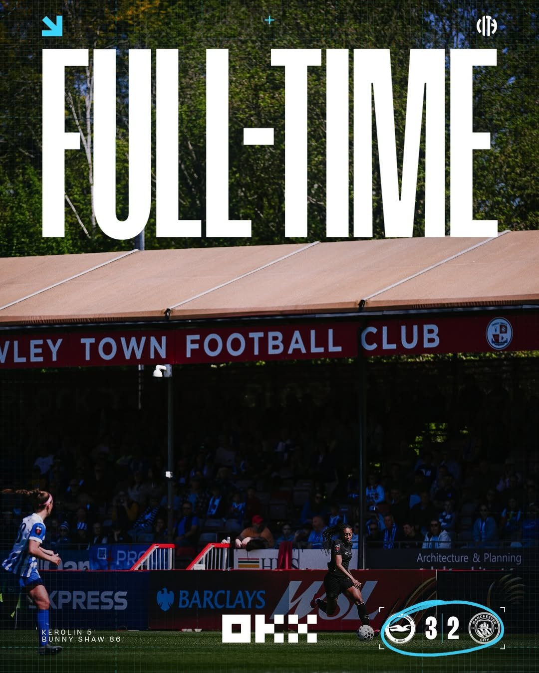 Photo by Manchester City Women in Broadfield Stadium with @mancity, and @okx_official. May be an image of ‎football, soccer, scoreboard, sports equipment and ‎text that says '‎FULL- FULL-TIME LEYTOWNFOOTBALL.CLUB TOWN LEY FOOTBALL CLUB KEROLIN BUNNY AYNHAWAS UNNYSHAW SHAW a6 م_ف SPRESS BARCLAYS ዝ።። 32‎'‎‎.