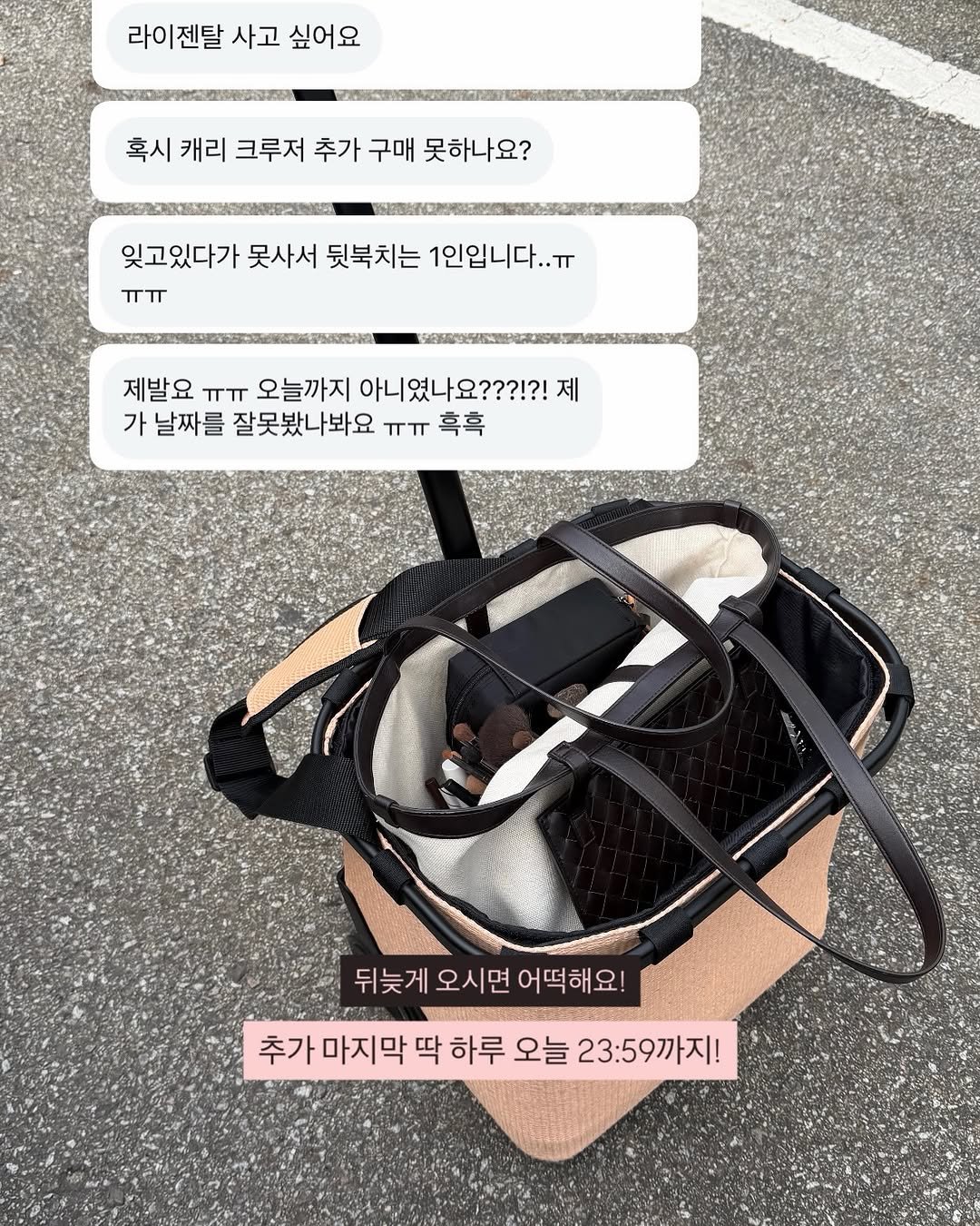 Photo by 망구미 | 일상에 도움이 되는 소소한 이야기 on December 06, 2025. May be an image of strap, sling, belt and text that says '라이젠탈 사고 싶어요 혹시 캐리 크루저 추가 구매 못하나요? 잊고있다가 못사서 뒷북치는 1인입니다..ㅠ Tπ 제발요 ππ 오늘까지 아니였나요???!?! 제 가 날짜를 잘못봤나봐요 त 흑혹 뒤늦게 오시면 게오시면어떡해요! 어떡해요! 추가 마지막 딱 하루 오늘 23:59까지!'.