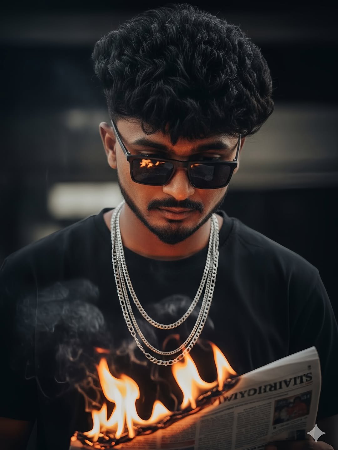 Photo shared by MANIKANTH  FC on September 17, 2025 tagging @manikanth_fc. May be an image of 1 person, beard, smoking, fire, sunglasses and text.