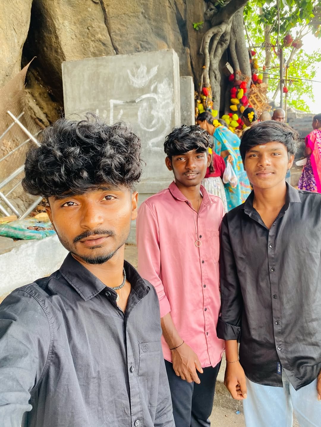 Photo by MANIKANTH  FC in Palakurthy Local with @__desent__boy_x_2, and @ganesh_fc. May be a selfie of 3 people, people smiling, people standing, temple, picnic and text.