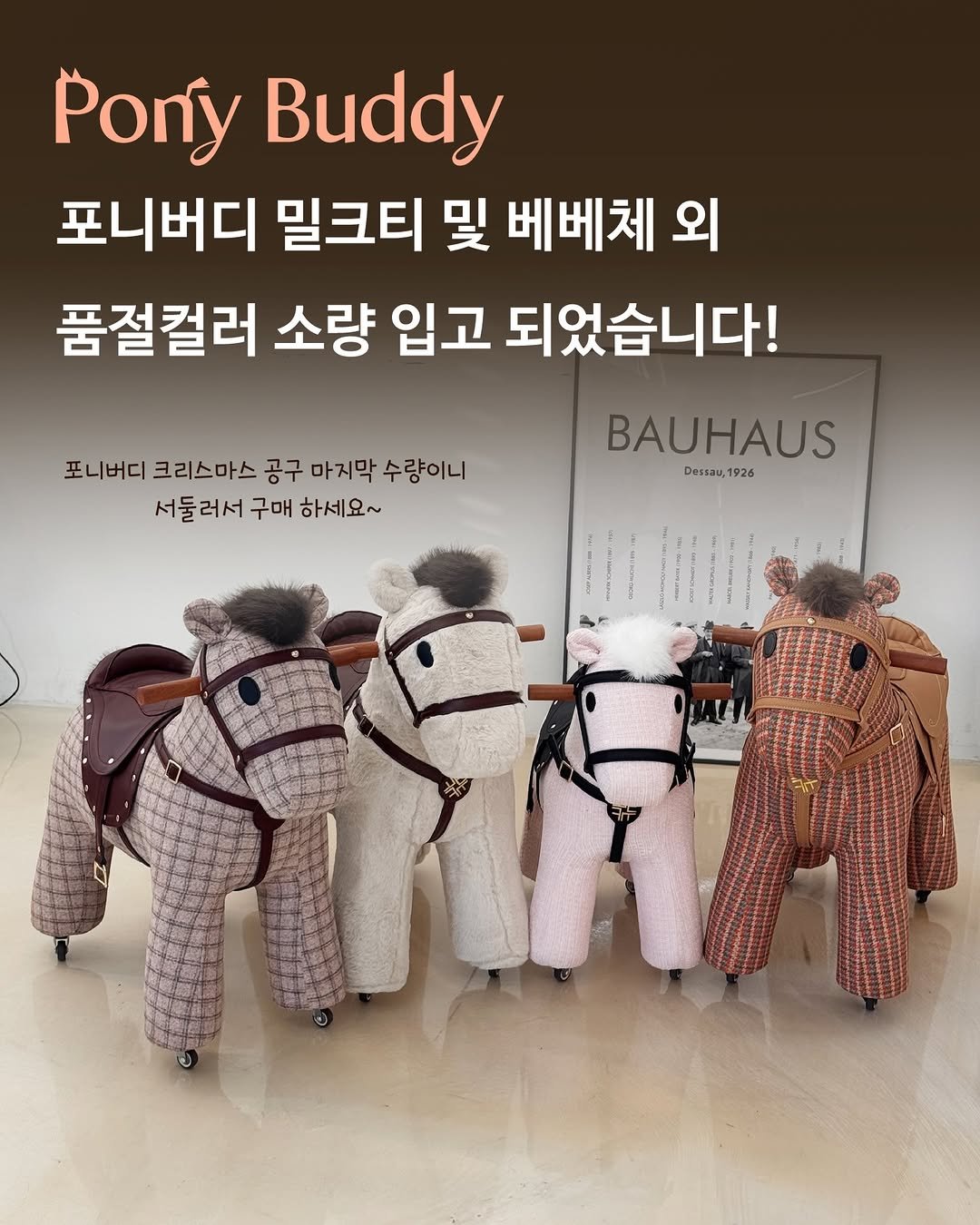 Photo by 하도아의 대저택 | 호텔 맨션브릿지 on December 01, 2025. May be an image of pony and text that says 'Pony Buddy 포니버디 밀크티 및 베베체 외 품절컬러 소량 입고 되었습니다! 포니버디 크리스마스 공구 마지막 수량이니 서둘 서둘러서 서둘러서구매하세요~ 러서 구매 하세요~ BAUHAUS Dessau 1926'.