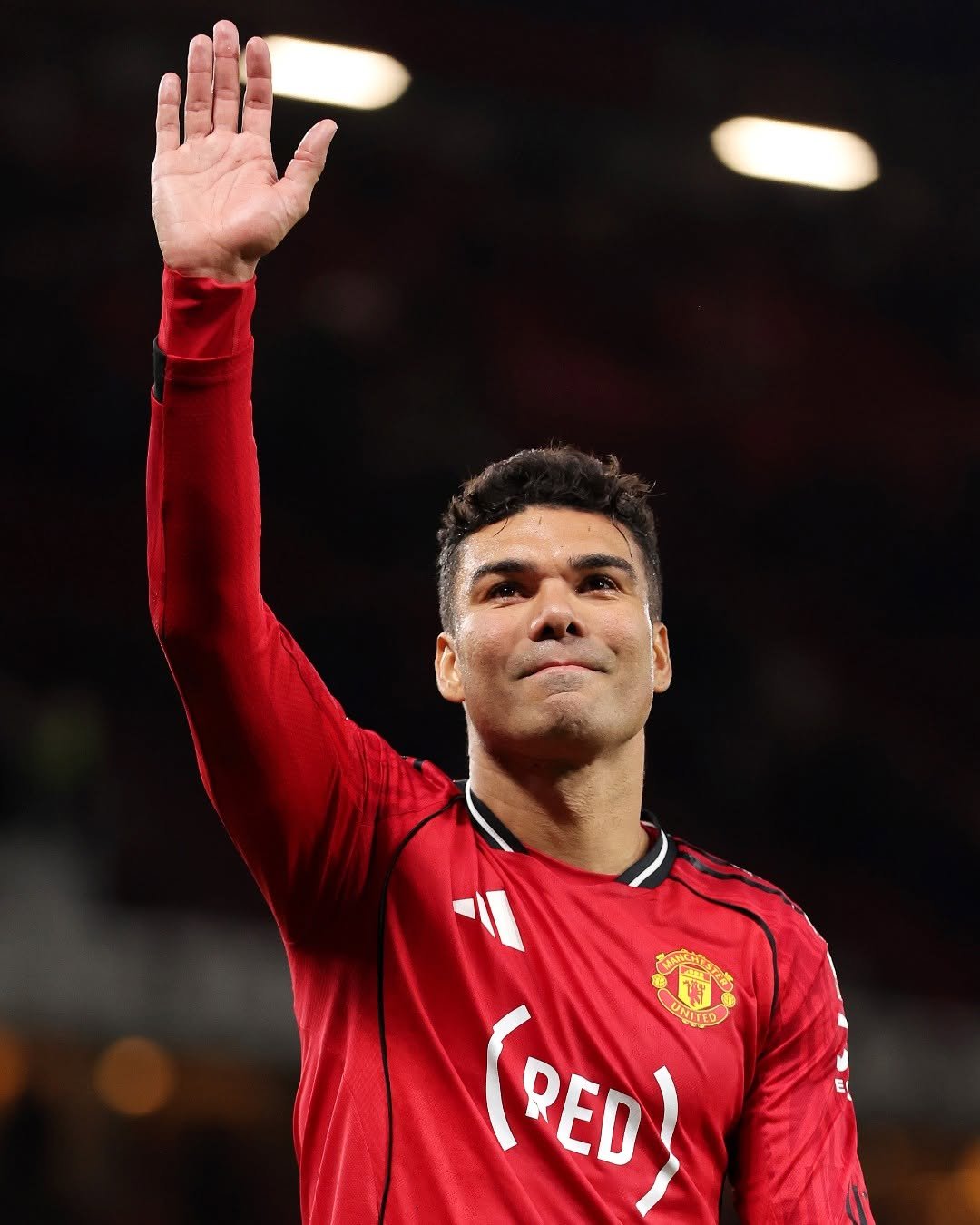 Photo shared by Manchester United on April 27, 2026 tagging @premierleague, @brasil, and @casemiro. May be an image of football, soccer, stadium and text that says '米 (RED NITED RED'.