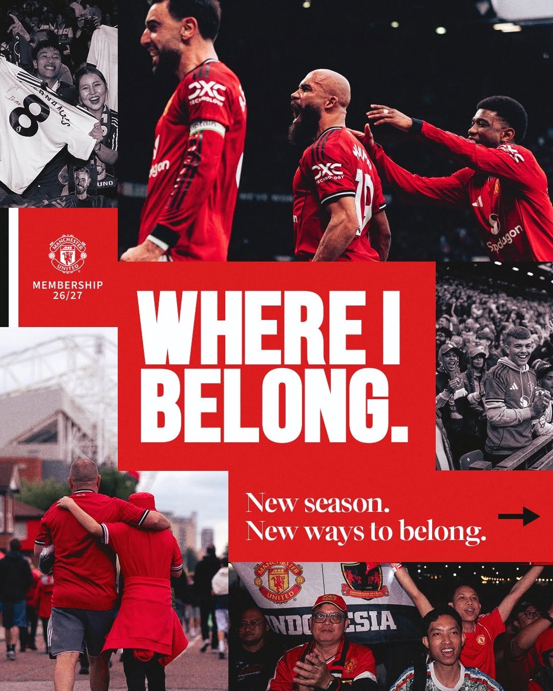 Photo by Manchester United on April 28, 2026. May be an image of soccer, football, poster, magazine, ball, crowd, stadium and text that says 'Ket XXC 0 UINO പണ ANCIUS นส UNTLED UNK MEMBERSHIP 26/27 bdgon gon WHEREI BELONG. New scason. New ways lo belong. DO ESIA'.