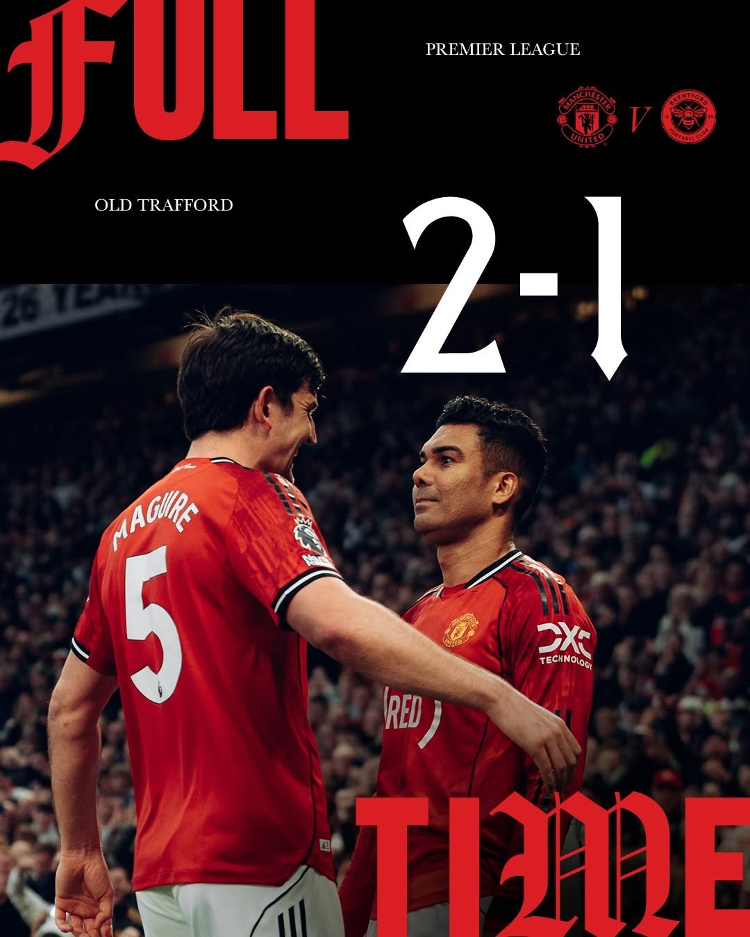Photo by Manchester United on April 27, 2026. May be an image of football, soccer, poster, magazine, ball, stadium and text that says 'PREMIER PREMIERLEAGUE LEAGUE TULL OLD TRAFFORD 2-1 MACINA 5 OX TECHNOLOGY RED TIME'.
