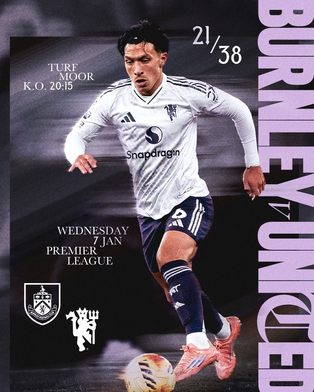 Lisandro Martinez in white kit dribbling ball, Manchester United v Burnley match on Wednesday 7 January at Turf Moor, Premier League, kick-off 20:15 GMT.