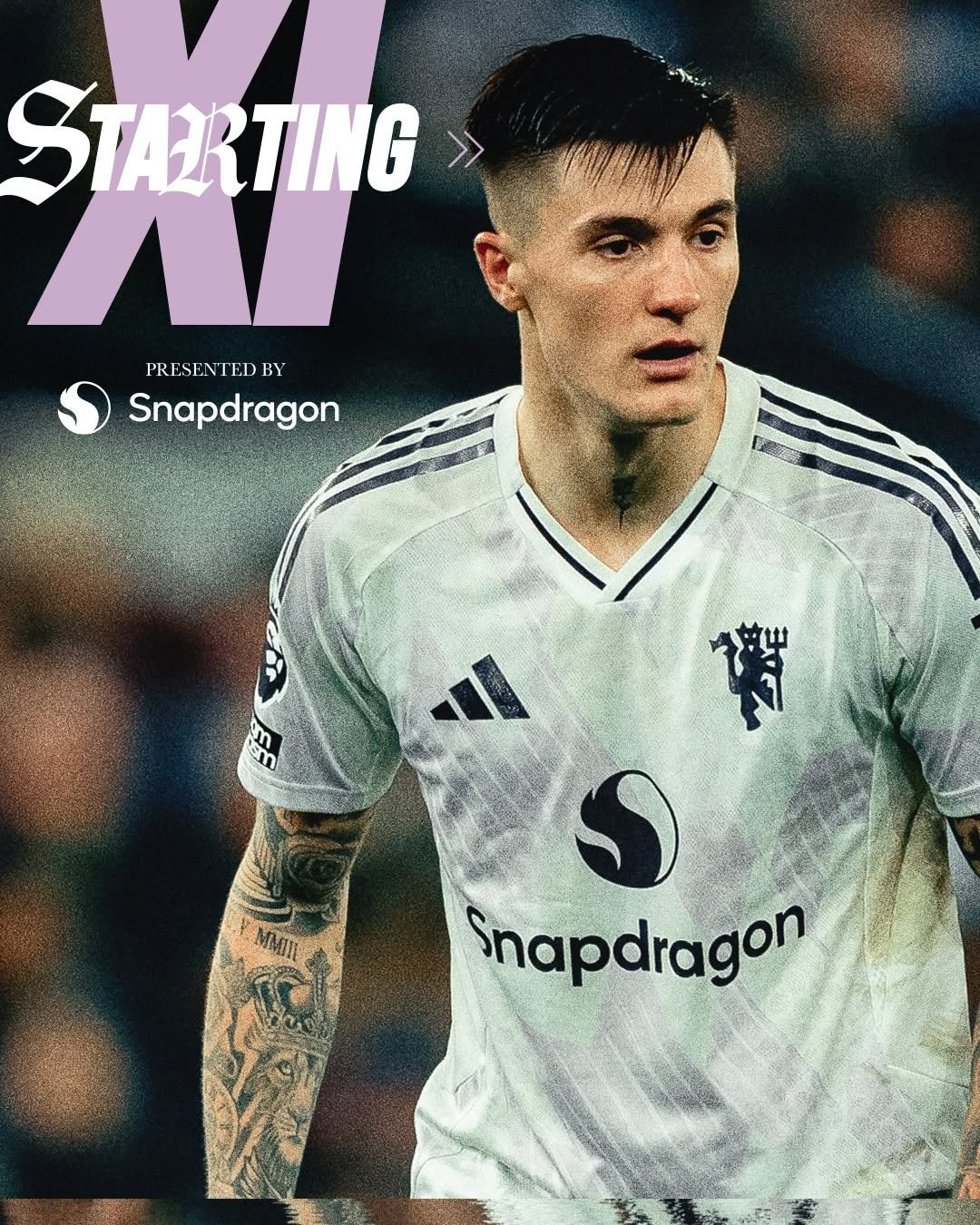 Photo shared by Manchester United on January 07, 2026 tagging @benjaminsesko. May be an image of football, soccer, sports equipment, stadium and text that says 'STARTING > PRESENTEDBY PRESI RESENTED BY Snapdragon รลิกา টষ S Snapdragon'.