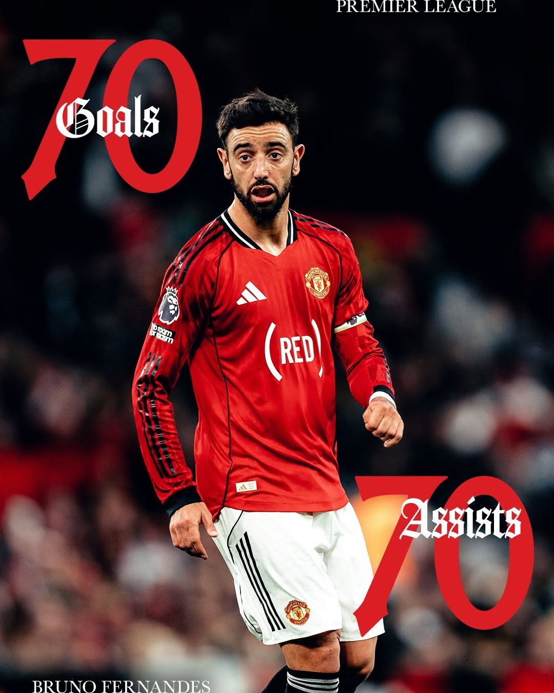 Photo by Manchester United on April 28, 2026. May be an image of football, soccer, poster, magazine, ball, stadium and text that says 'PREMIER PREMIERLEAGUE ER LEAGUE 70 Boals PR mam (RED) RED 山 督社的CO Assists BRUNOFERNANDES BRIINO FERN FERNANDES'.