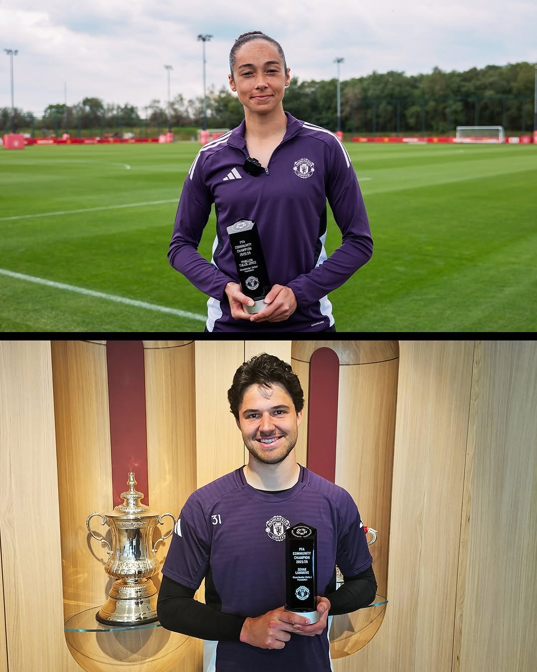 Two images showing Phallon Tullis-Joyce and Senne Lammens with their PFA Community Champion awards.