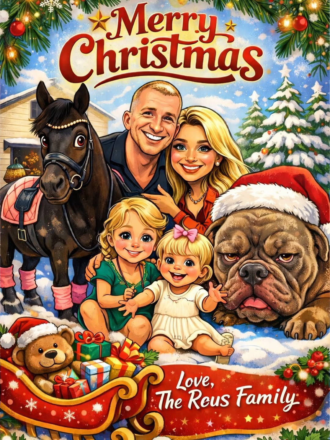 Photo by SCARLETT GARTMANN-REUS in Newport Beach, California with @marcinho11. May be a cartoon of ‎pony, card, poster and ‎text that says '‎Merry Christmas ب The Reus Family Love,‎'‎‎.