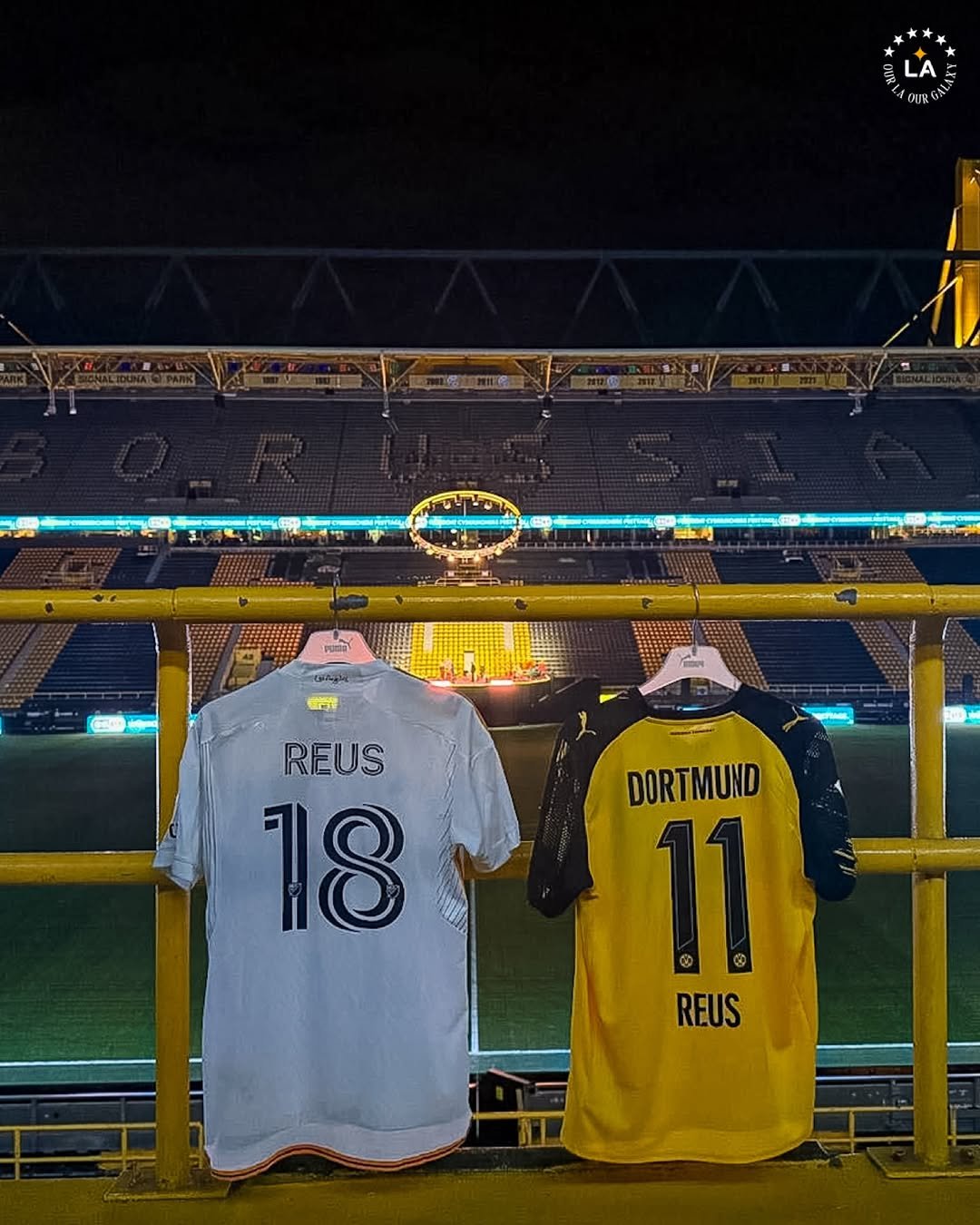 Photo by LA Galaxy in Dortmund, Germany with @marcinho11, @bvb09, and @blackyellow. May be an image of soccer, football, stadium and text that says 'LA REUS 18 DORTMUND 11 REUS'.